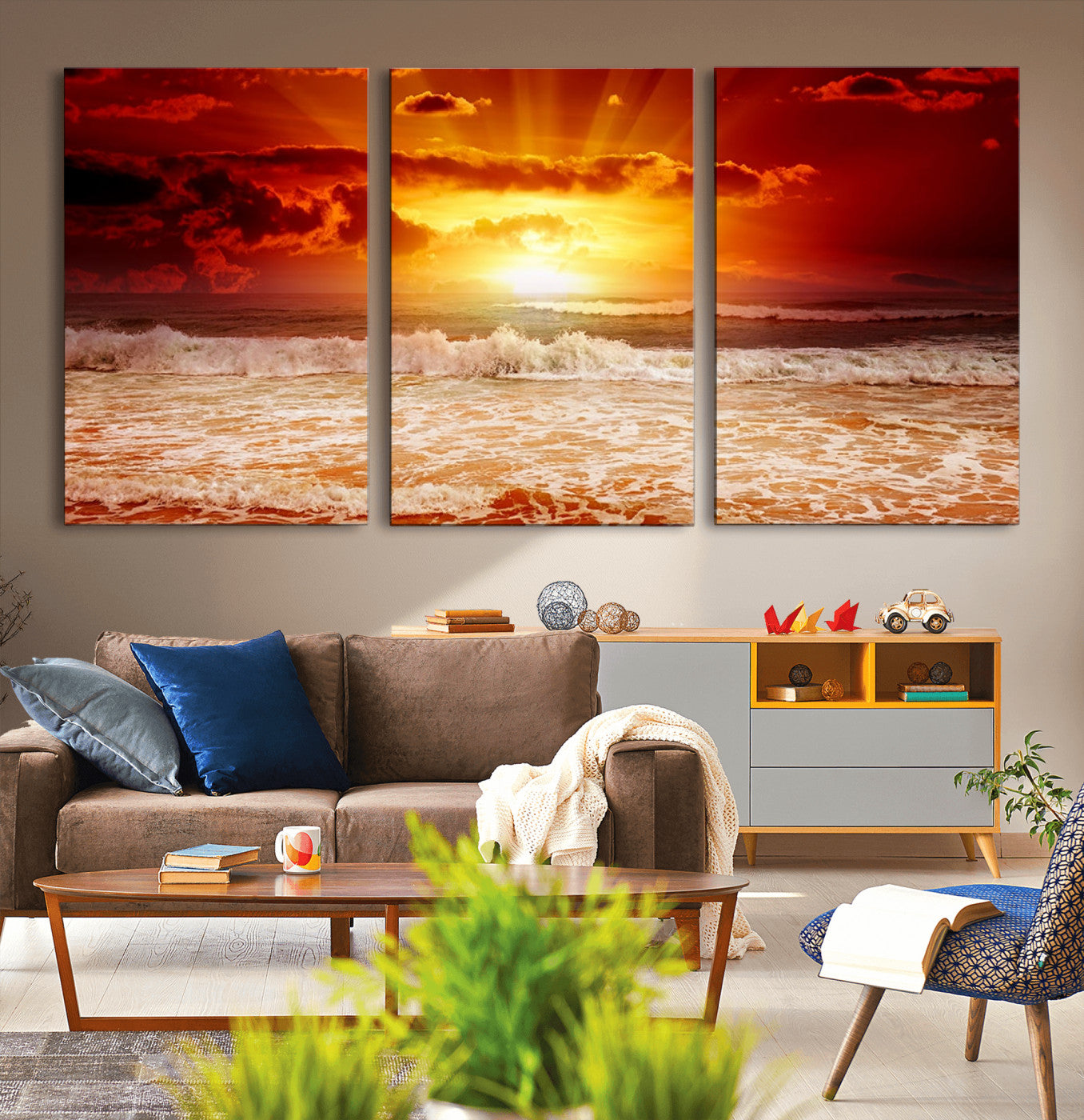 60211-MGV-CV-36X24-Fiery Sunset Ocean Wall Art – Red Sky Seascape Canvas Print with Waves, Bold Coastal Sunset Decor for Living Room or Bedroom