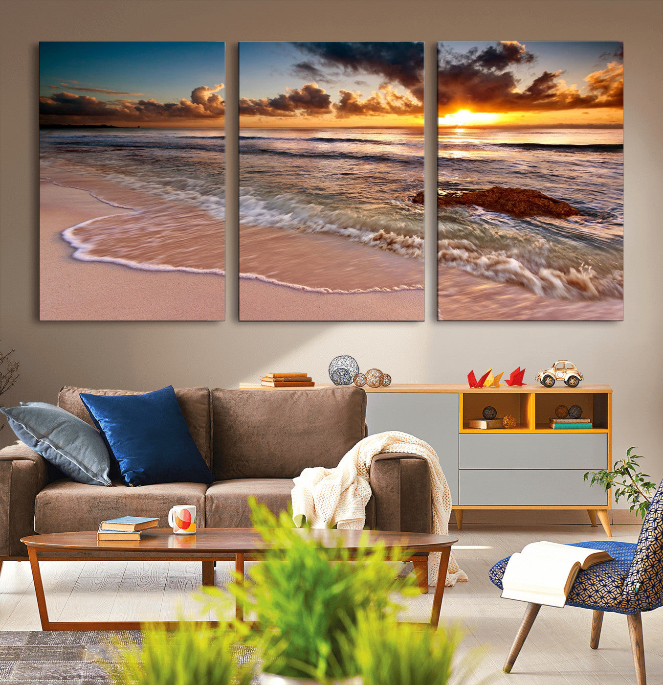 80979-MGV-CV-36X24-Golden Sunrise Beach Wall Art – Ocean Waves and Sandy Shore Canvas Print, Coastal Sunset Photography Artwork for Living Room,