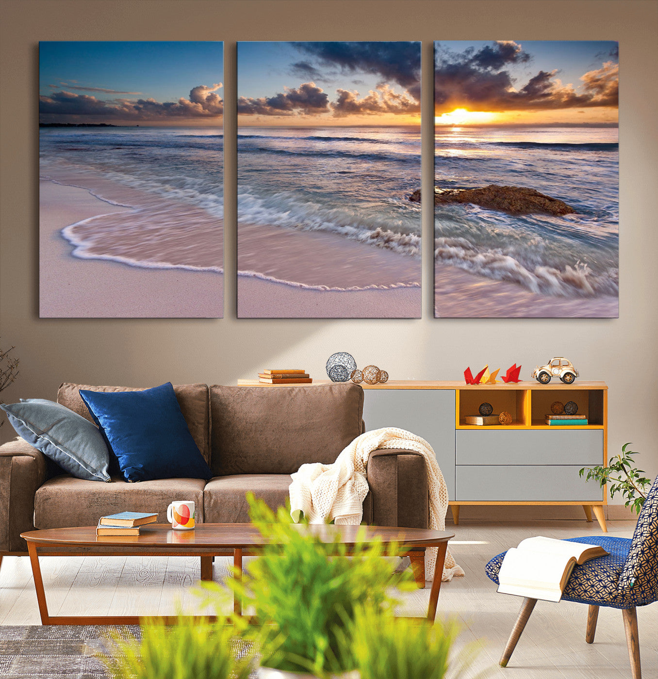 94906-MGV-CV-36X24-Sunrise Beach Wall Art – Panoramic Ocean Waves Canvas Print, Coastal Sunset Seascape Artwork for Living Room, Bedroom, or Office