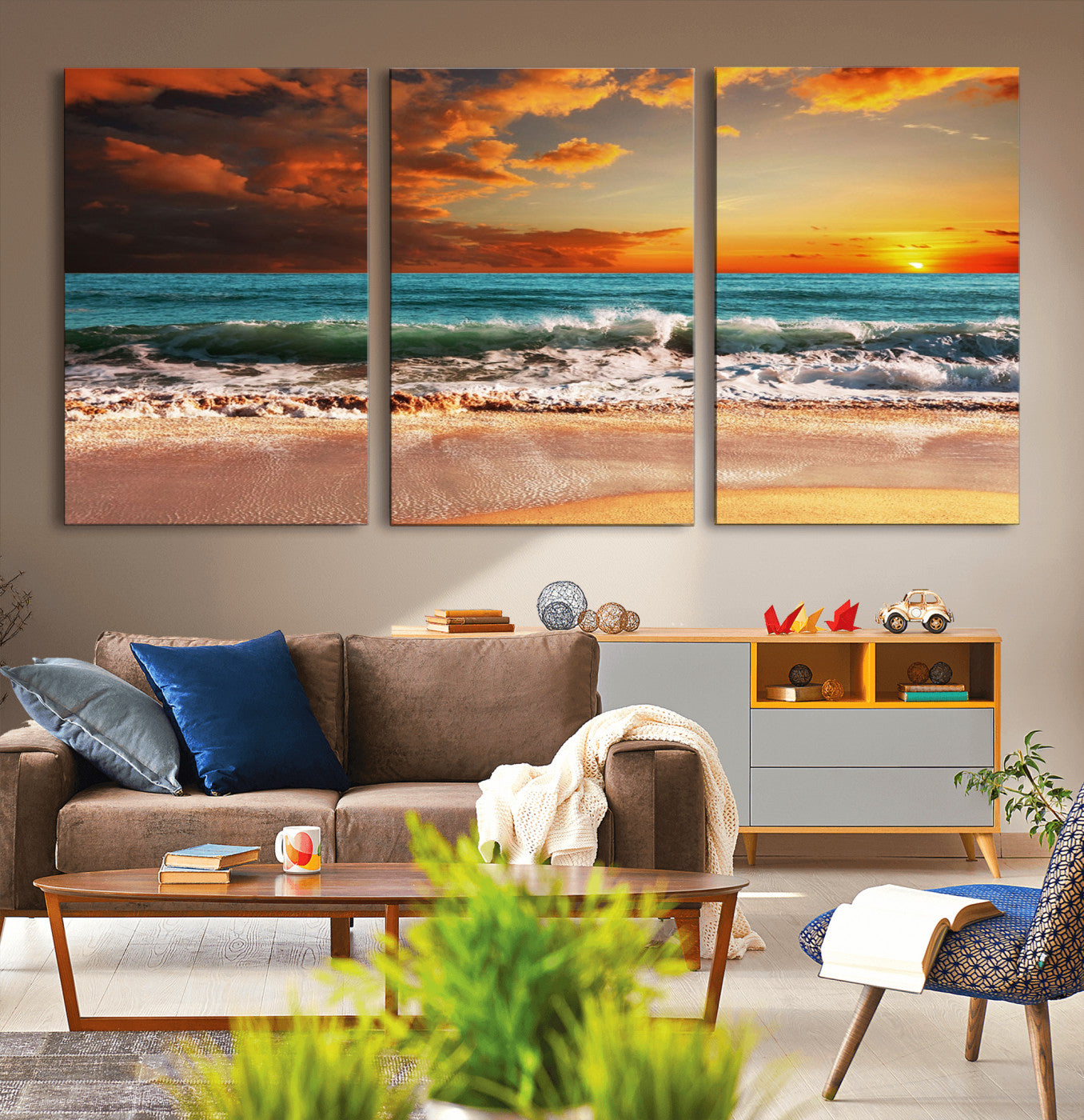 72948-MGV-CV-36X24-Ocean Sunset Wave Wall Art – Dramatic Seascape Canvas Print with Golden Sky and Crashing Waves, Coastal Beach Decor for Living