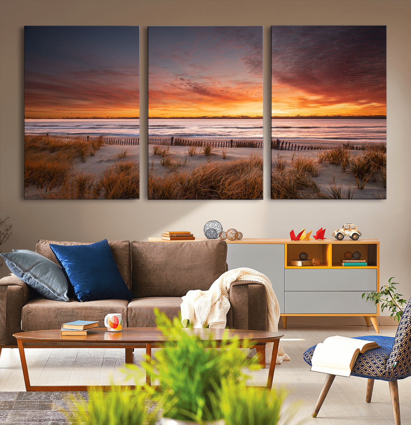 90176-MGV-CV-36X24-Beach Sunset Wall Art – Coastal Sand Dune Canvas Print with Ocean Waves and Dramatic Sky, Seaside Landscape Decor for Living Room