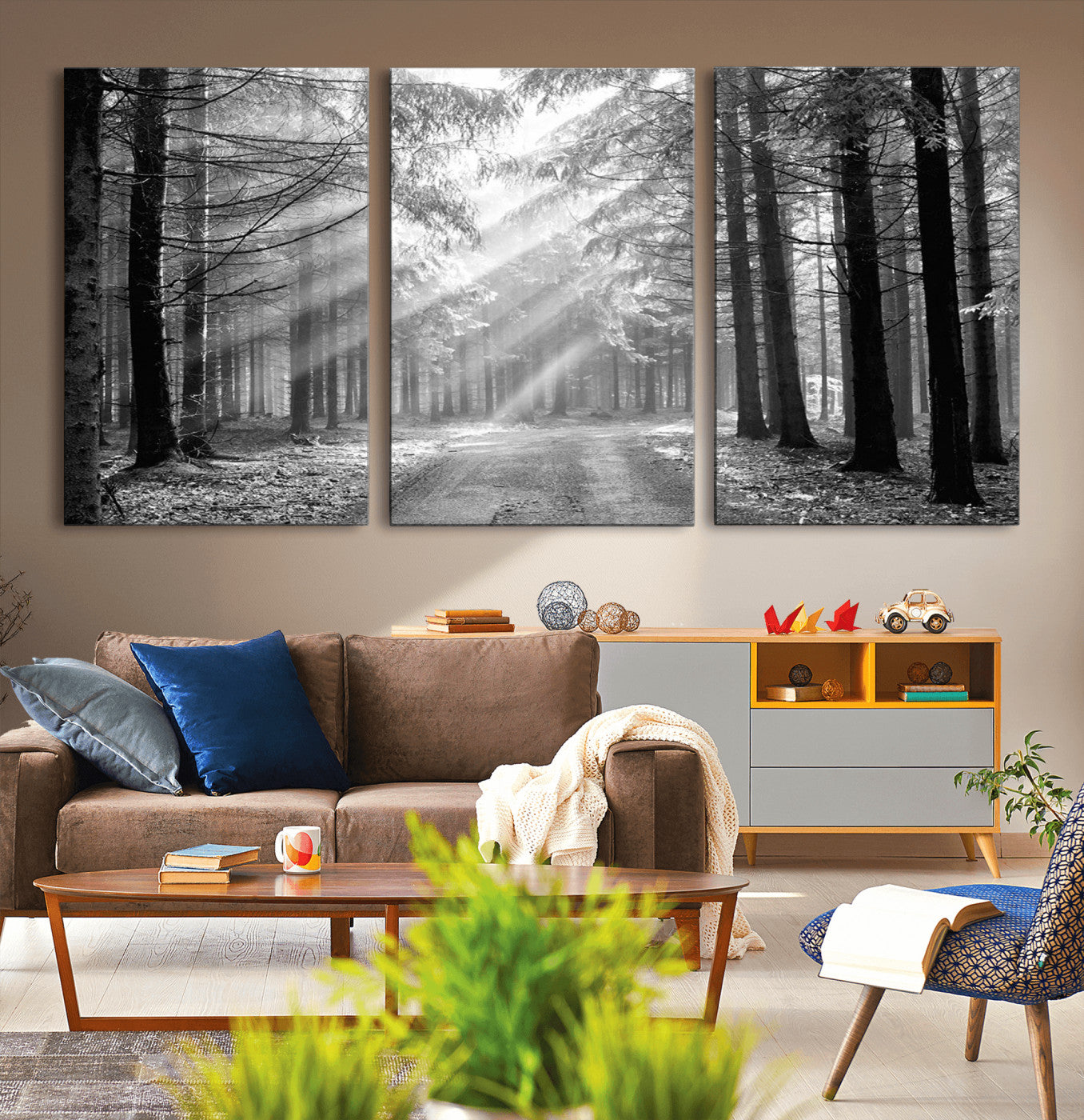 39665-MGV-CV-36X24-Black and White Forest Path Wall Art – Sunlight Rays in Trees Canvas Print, Nature Landscape Decor for Living Room