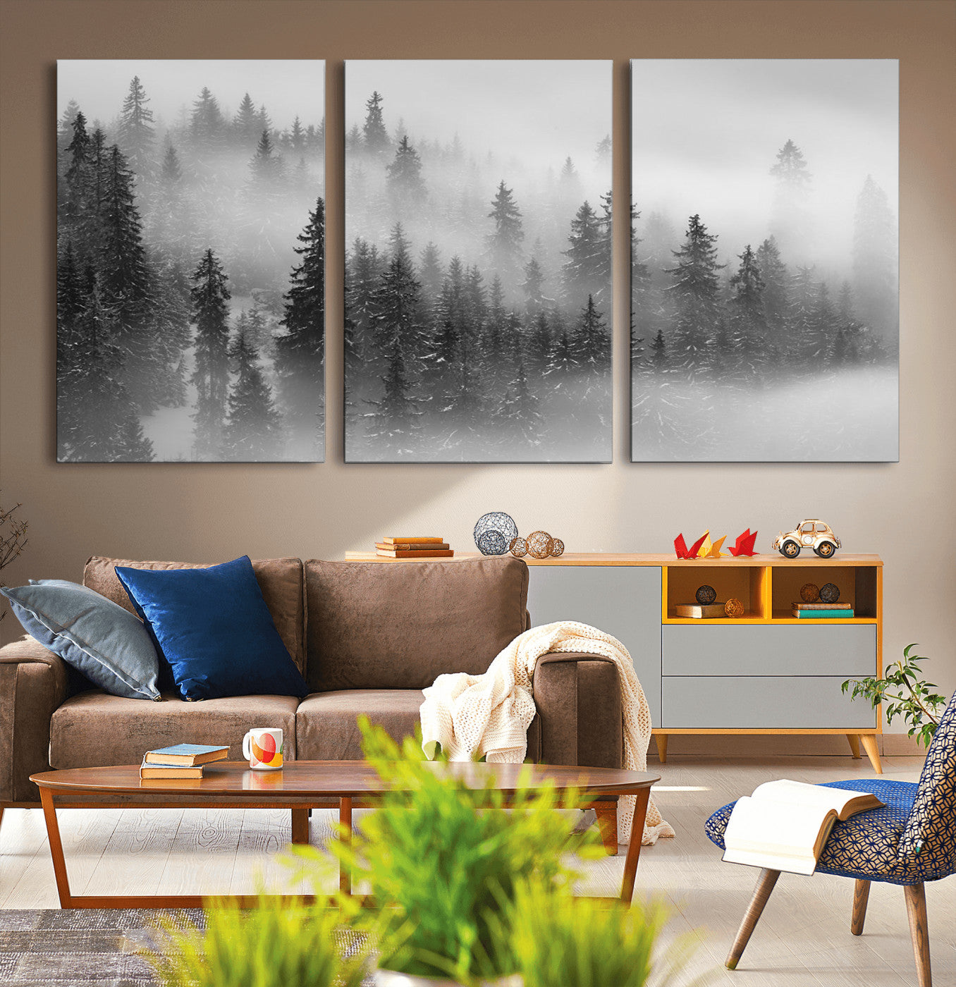 57235-MGV-CV-36X24-Misty Pine Forest Wall Art – Black and White Mountain Landscape Canvas Print, Nature Woodland Decor for Living Room, Bedroom or