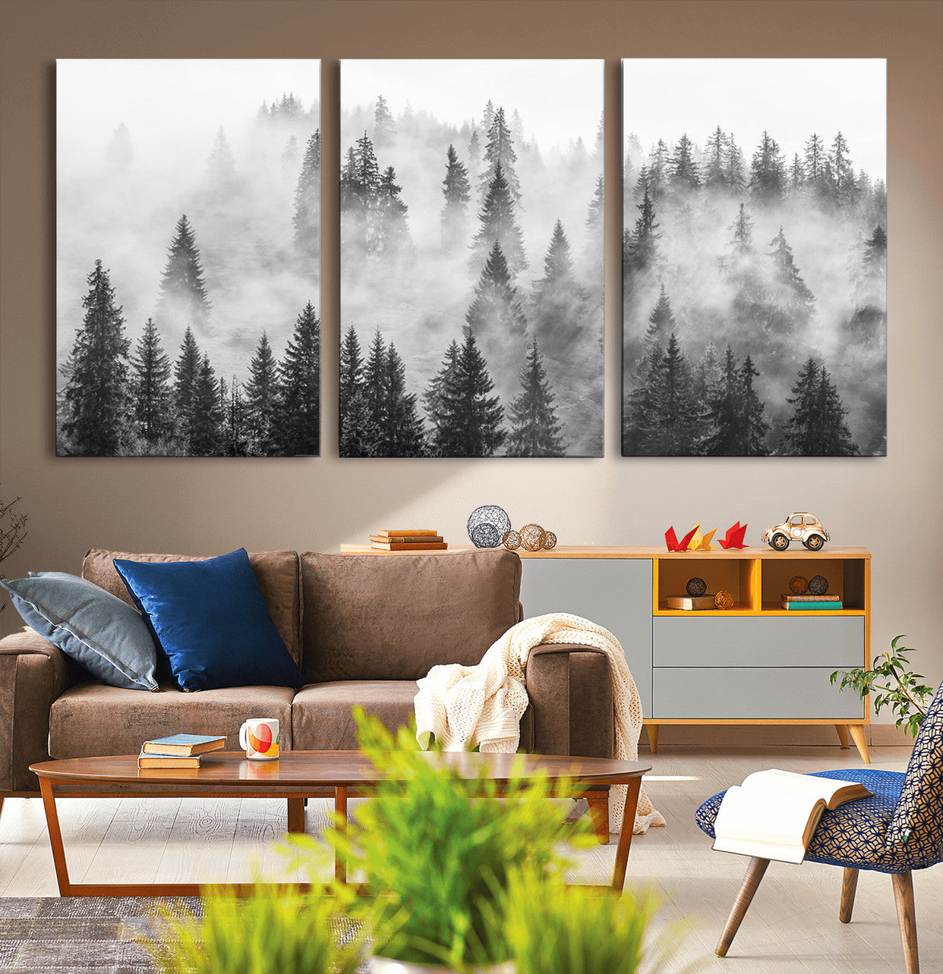 10422-MGV-CV-36X24-Misty Pine Forest Wall Art – Black and White Foggy Landscape Canvas Print, Serene Nature Woodland Decor for Bedroom, Office or