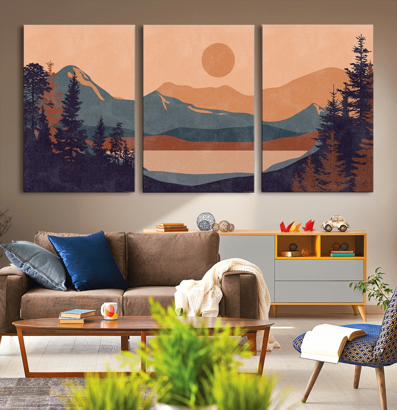 62795-MGV-CV-36X24-Minimalist Mountain Landscape Wall Art – Abstract Sunset Over Peaks and Pine Trees Canvas Print, Modern Nature Decor for Living