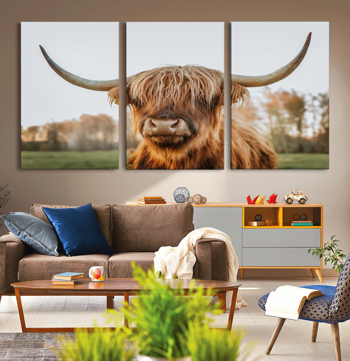 64824-MGV-CV-36X24-Highland Cow Wall Art – Rustic Scottish Bull Canvas Print, Farmhouse Animal Decor for Living Room, Bedroom, Office or Cabin