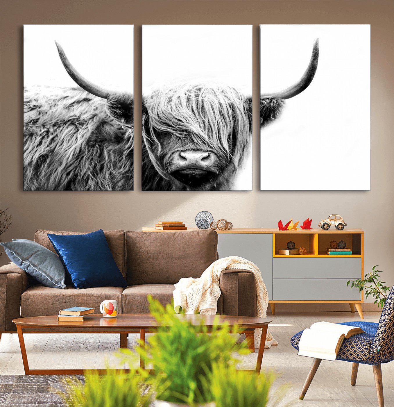51957-MGV-CV-36X24-Highland Cow Wall Art – Black and White Scottish Highland Bull Canvas Print, Rustic Farmhouse Animal Decor for Living Room,