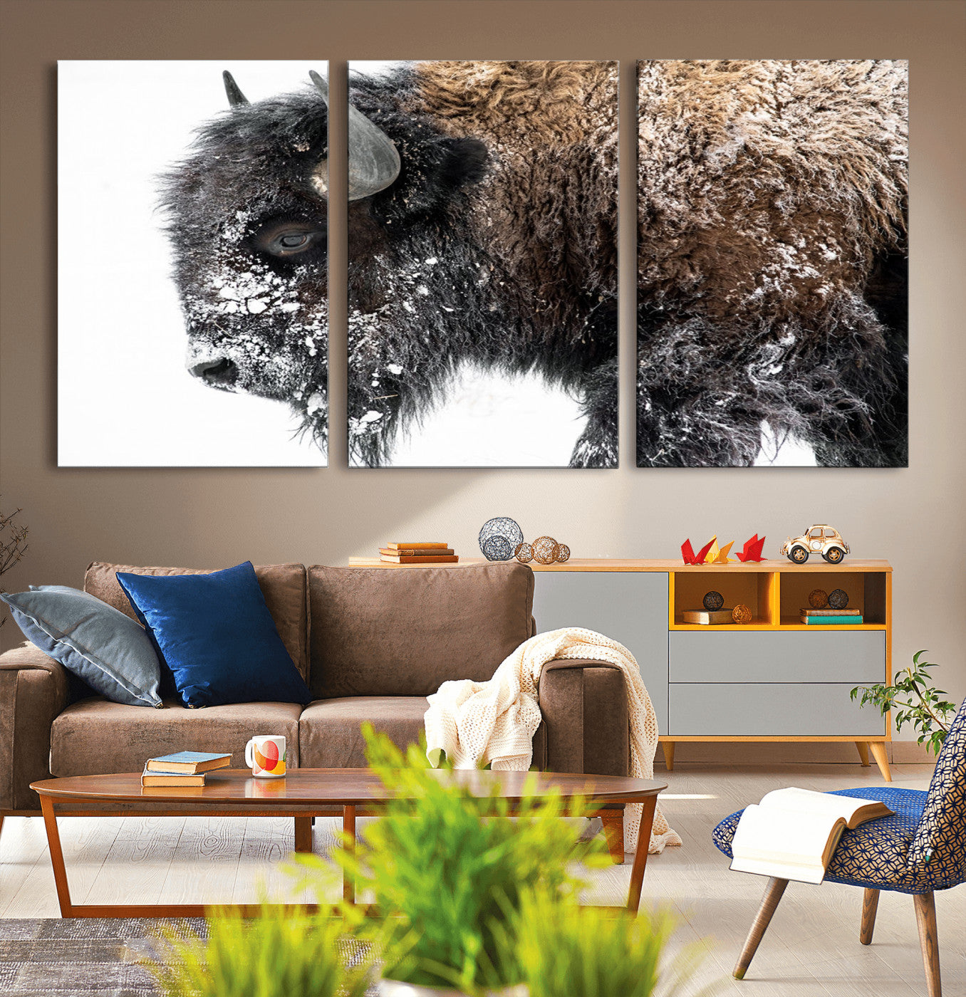 24304-MGV-CV-36X24-Bison Wall Art Canvas Print, Framed Winter Bison Art Picture Print, Snowy Buffalo Perfect Rustic Farmhouse Decor Artwork