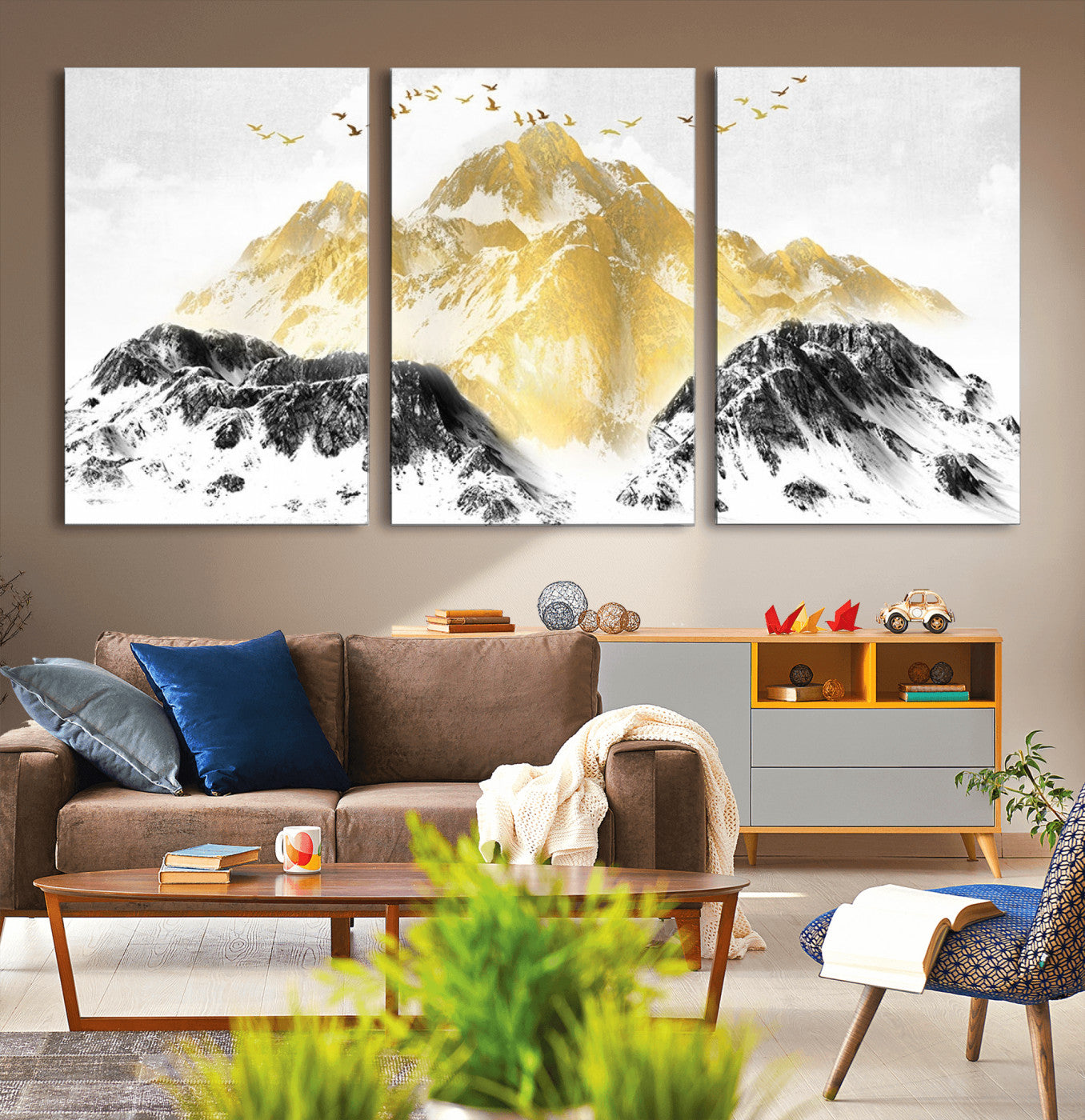 37733-MGV-CV-36X24-Golden Mountain Wall Art – Modern Abstract Landscape Canvas Print with Birds, Luxury Nature Decor for Living Room, Bedroom, or