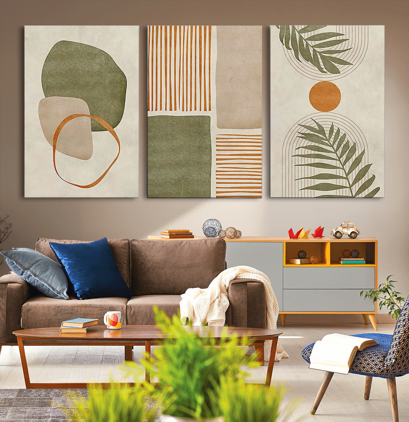 96002-MGV-CV-36X24-Abstract Geometric Wall Art – Modern Canvas Print with Green, Orange & Beige Shapes, Minimalist Home Decor for Living Room, Office