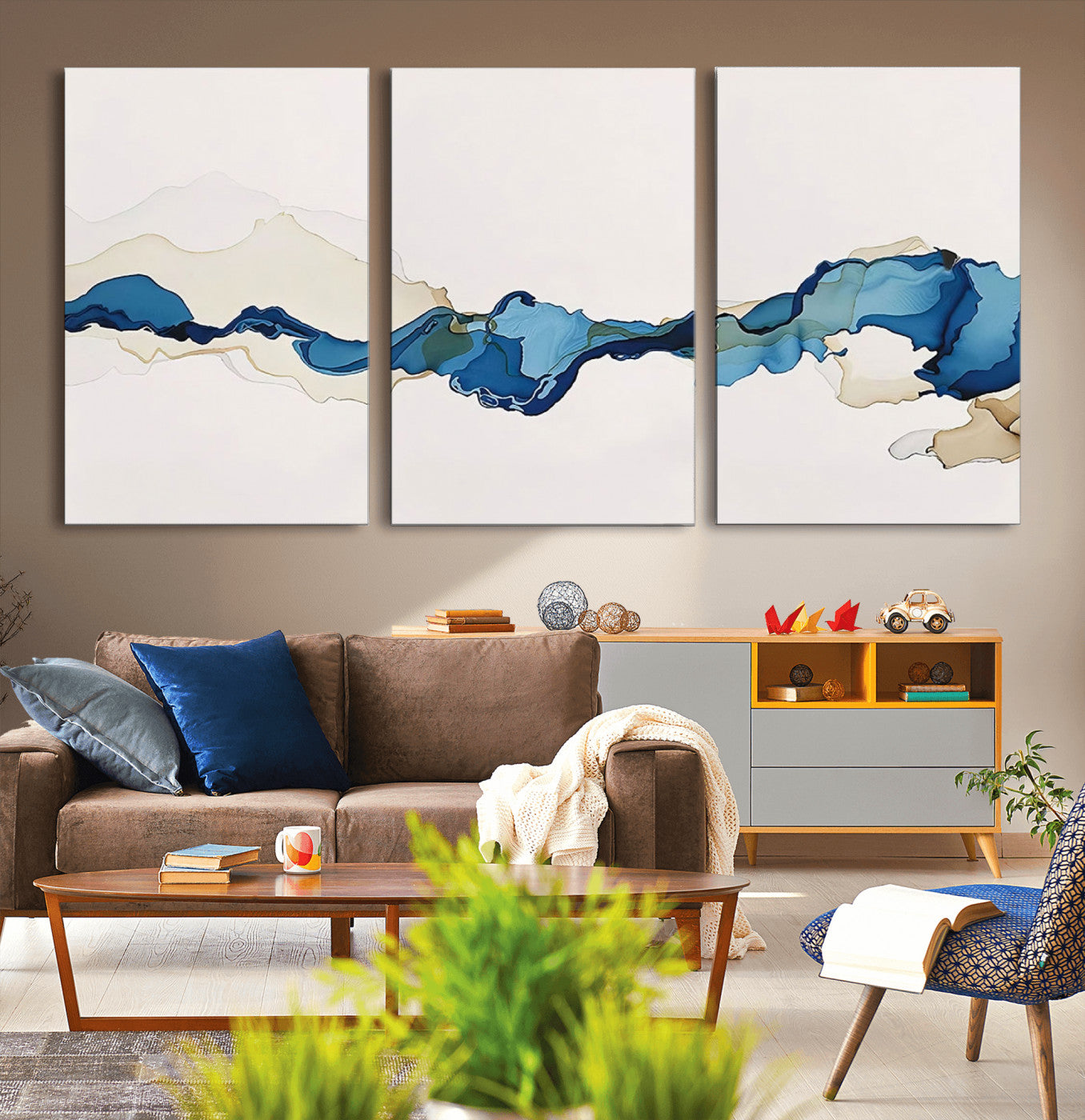 95528-MGV-CV-60X30-3P-Abstract Blue Wave Wall Art – Modern Ocean Inspired Canvas Print, Minimalist Fluid Painting for Living Room, Bedroom or Office