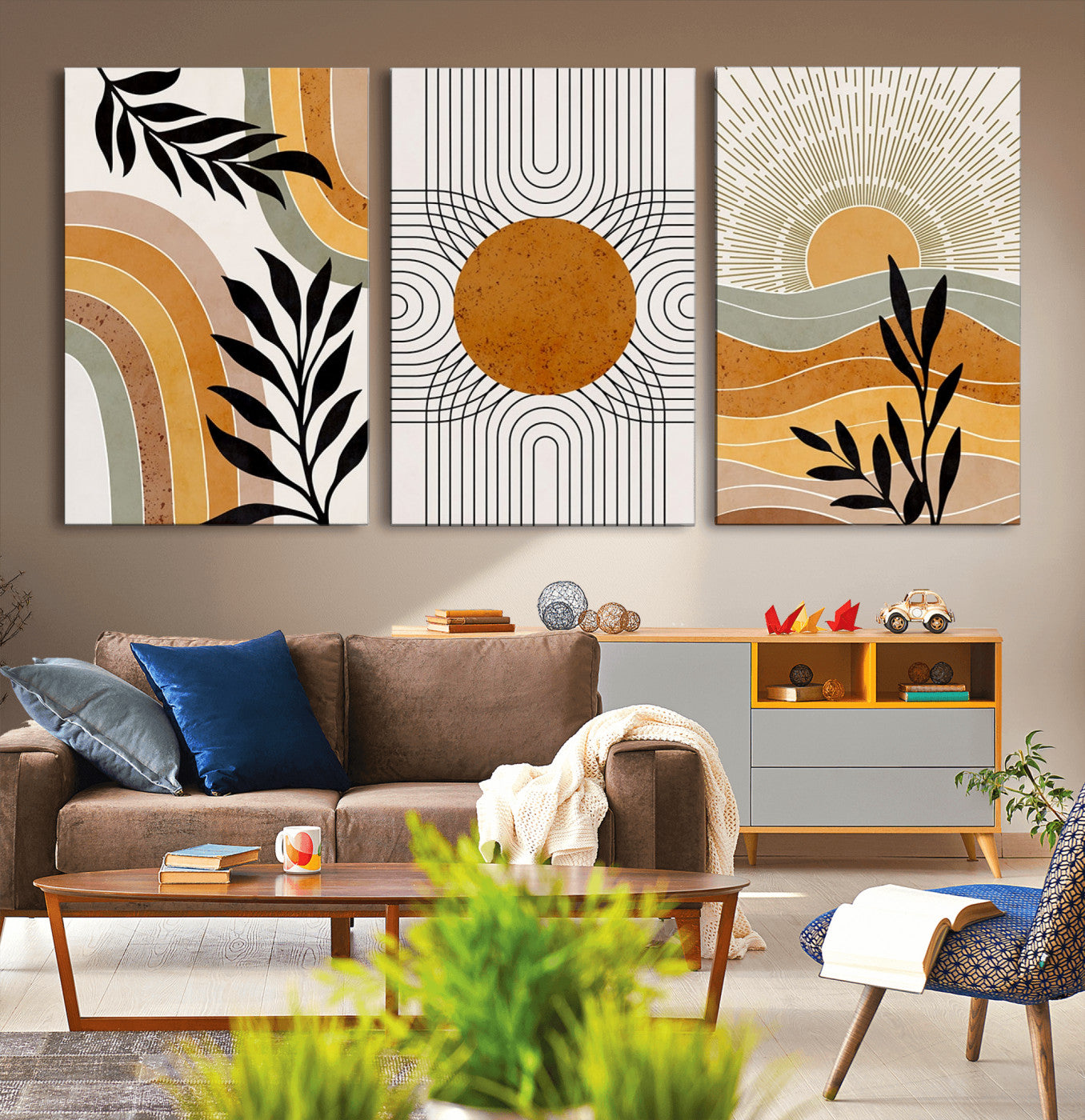 44668-MGV-CV-60X30-3P-Mid Century Modern Wall Art – Abstract Sun and Rainbow Canvas Print, Minimalist Geometric Boho Decor for Living Room, Bedroom or