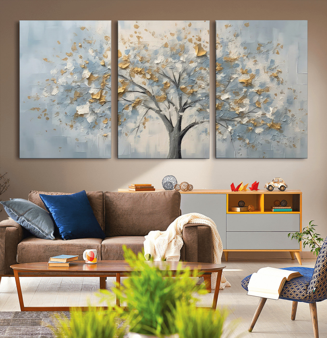 65811-MGV-CV-36X24-Abstract Tree Wall Art – Textured Canvas Painting with Gold and White Leaves, Modern Nature Inspired Decor for Living Room or