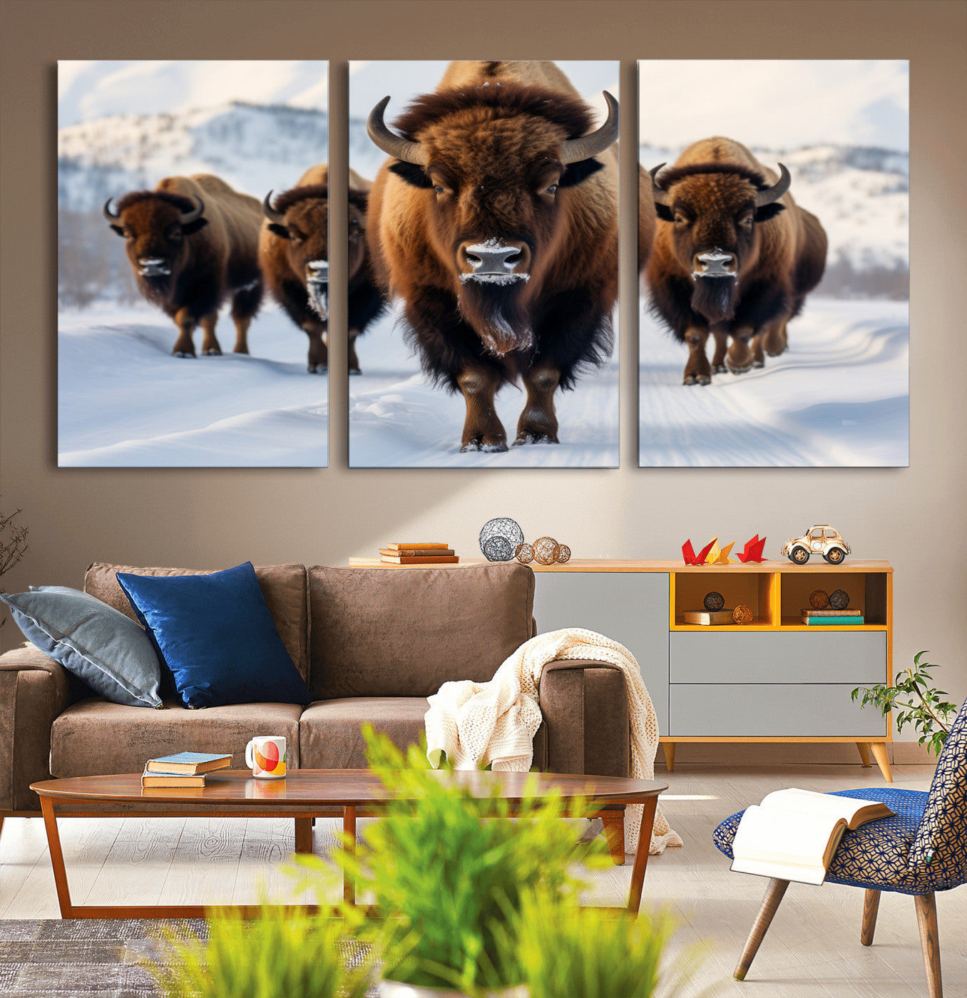 56701-MGV-CV-36X24-Bison Herd Wall Art – Buffalo Walking in Snowy Mountains Canvas Print, Rustic Wildlife Decor for Cabin, Lodge, or Living Room