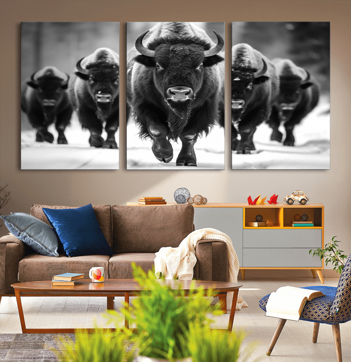 79872-MGV-CV-36X24-Bison Herd Wall Art – Black and White Buffalo on Snow Canvas Print, Rustic Wildlife Decor for Lodge, Cabin, or Living Room