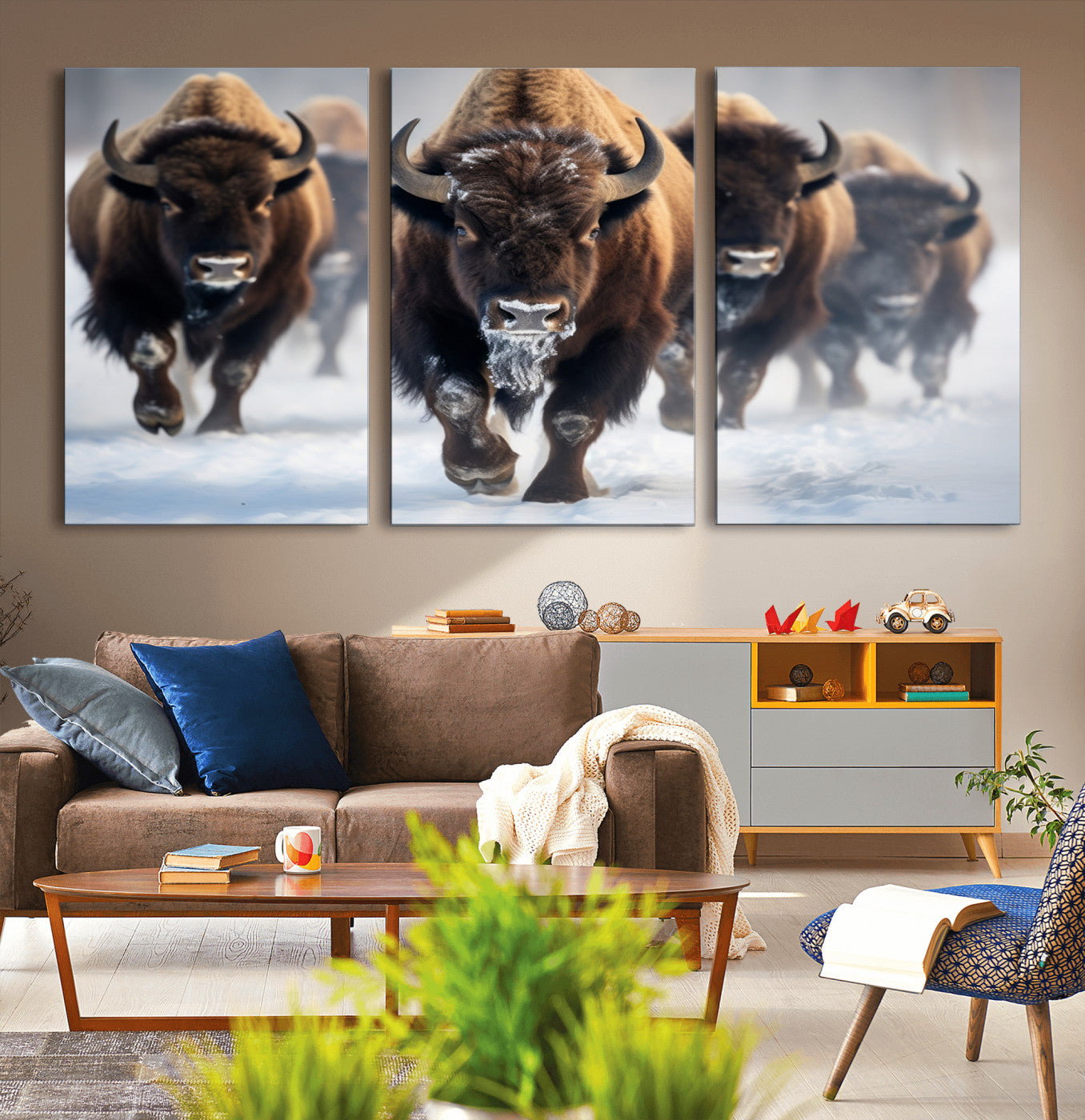 80512-MGV-CV-60X30-3P-Bison Herd Wall Art – Buffalo Running in Snow Canvas Print, Rustic Wildlife Photography Decor for Cabin, Lodge, or Living Room