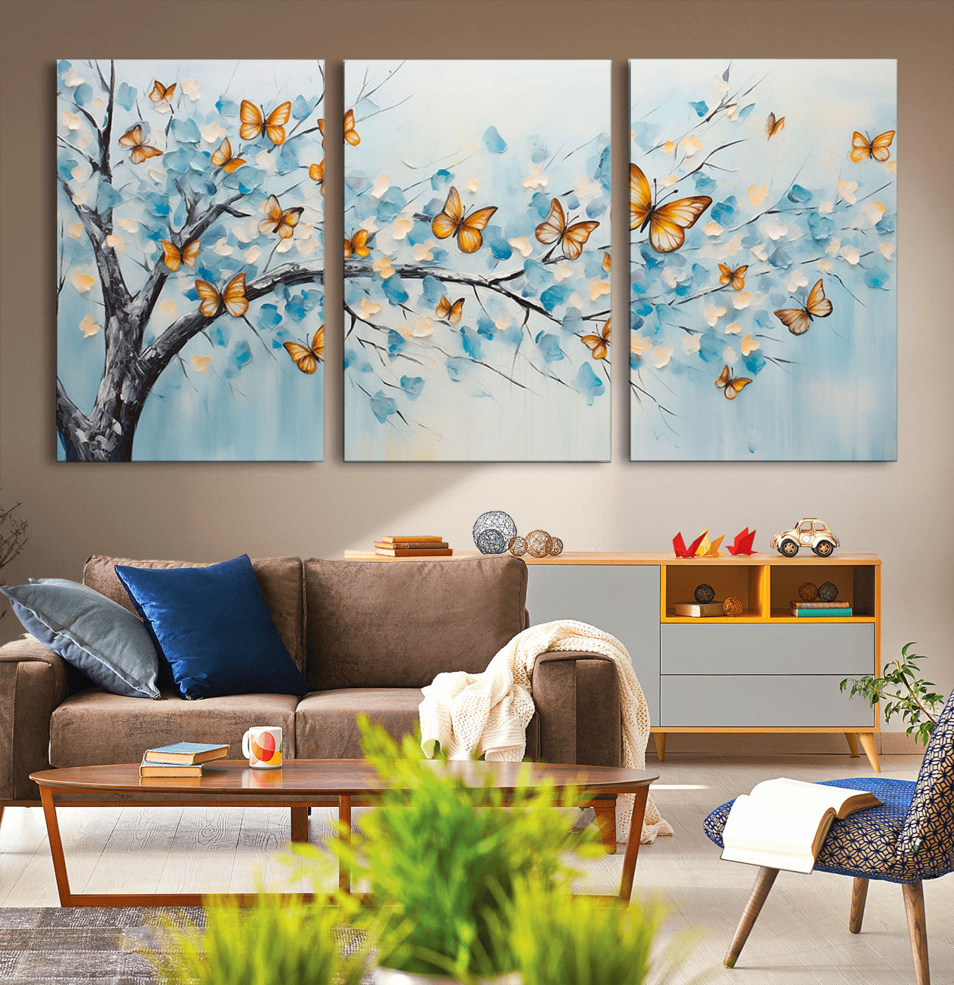 59455-MGV-CV-36X24-Butterfly Tree Branch Wall Art – Blue and Yellow Abstract Canvas Print, Modern Nature Artwork for Living Room, Bedroom or Office