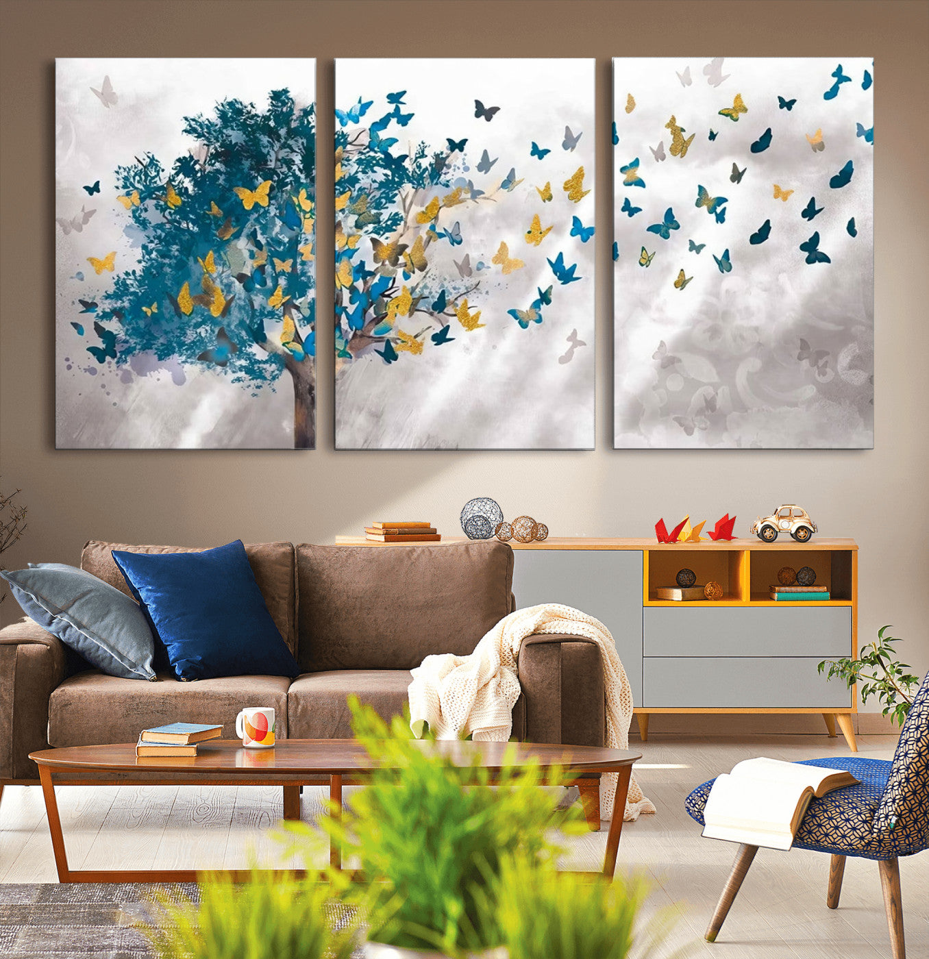 37564-MGV-CV-36X24-Butterfly Tree Wall Art – Modern Nature Canvas Print with Blue and Golden Butterflies, Elegant Decorative Painting for Living Room
