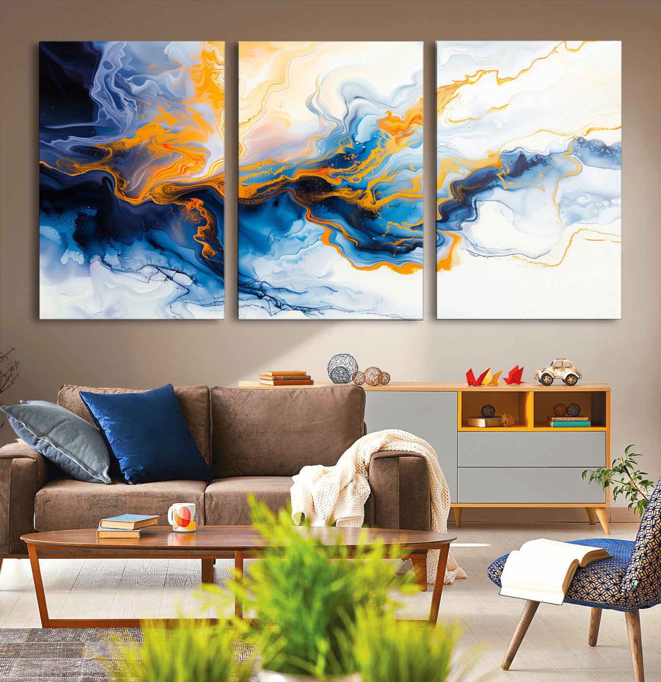 83720-MGV-CV-36X24-Abstract Fluid Wall Art – Blue, White and Gold Swirl Canvas Painting, Modern Contemporary Artwork for Living Room, Bedroom or