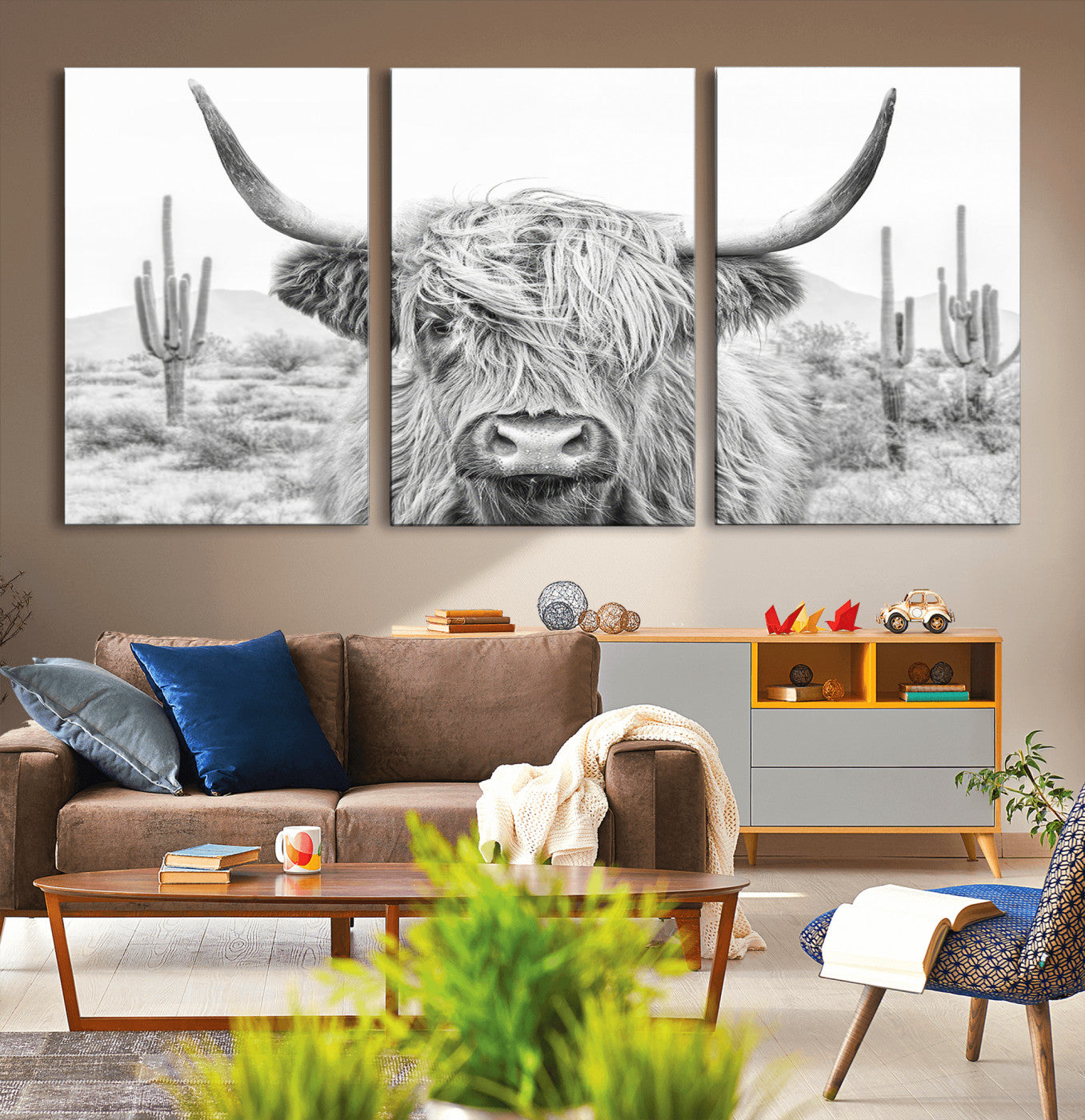 94579-MGV-CV-36X24-Highland Cow Wall Art – Black and White Longhorn Canvas Print, Rustic Western Farmhouse Animal Photography for Living Room,