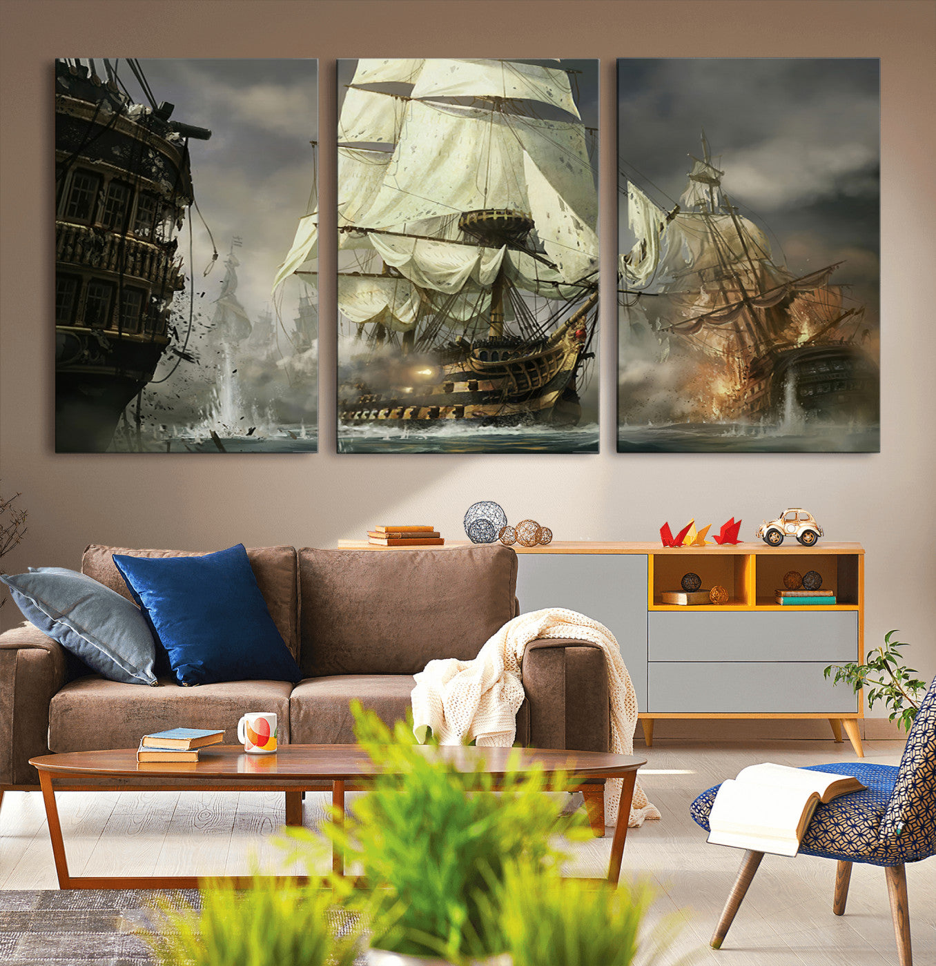 26512-MGV-CV-36X24-Naval Battle Wall Art – Dramatic Tall Ship Canvas Print, Historic Pirate Sailing War Scene, Nautical Decor for Office, Study or