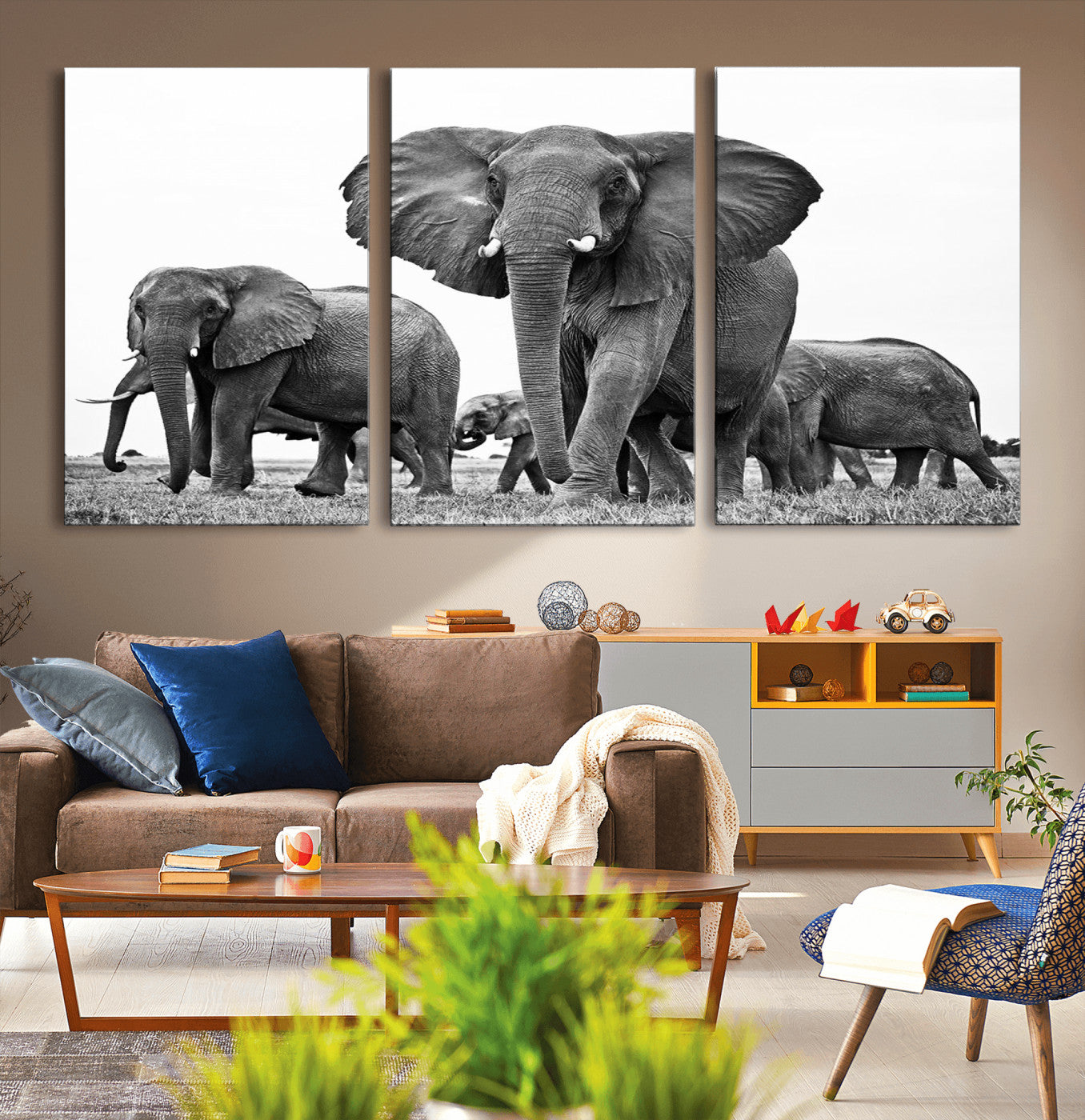 91685-MGV-CV-36X24-Elephant Herd Wall Art – Black and White Safari Canvas Print, African Wildlife Photography Decor for Living Room, Office or