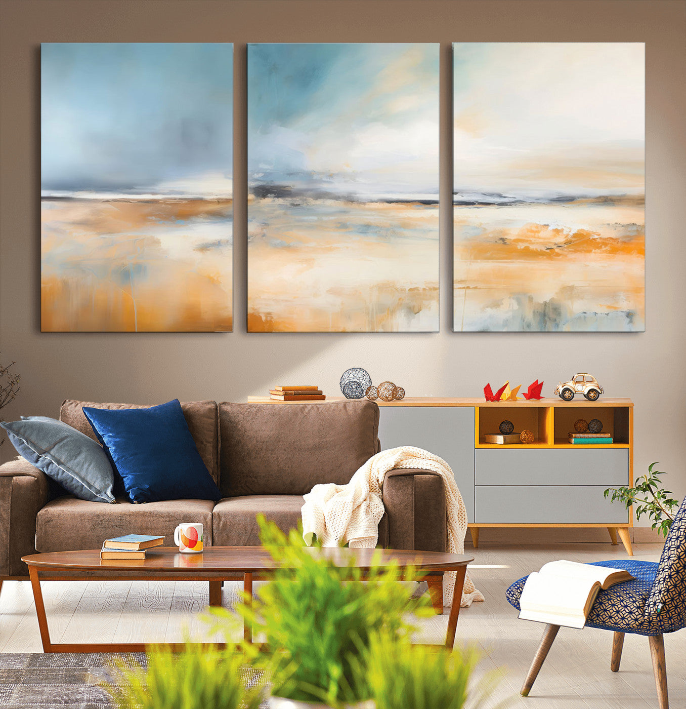 92764-MGV-CV-36X24-Abstract Landscape Wall Art – Modern Blue and Orange Canvas Print, Large Minimalist Painting for Living Room, Bedroom, Office or