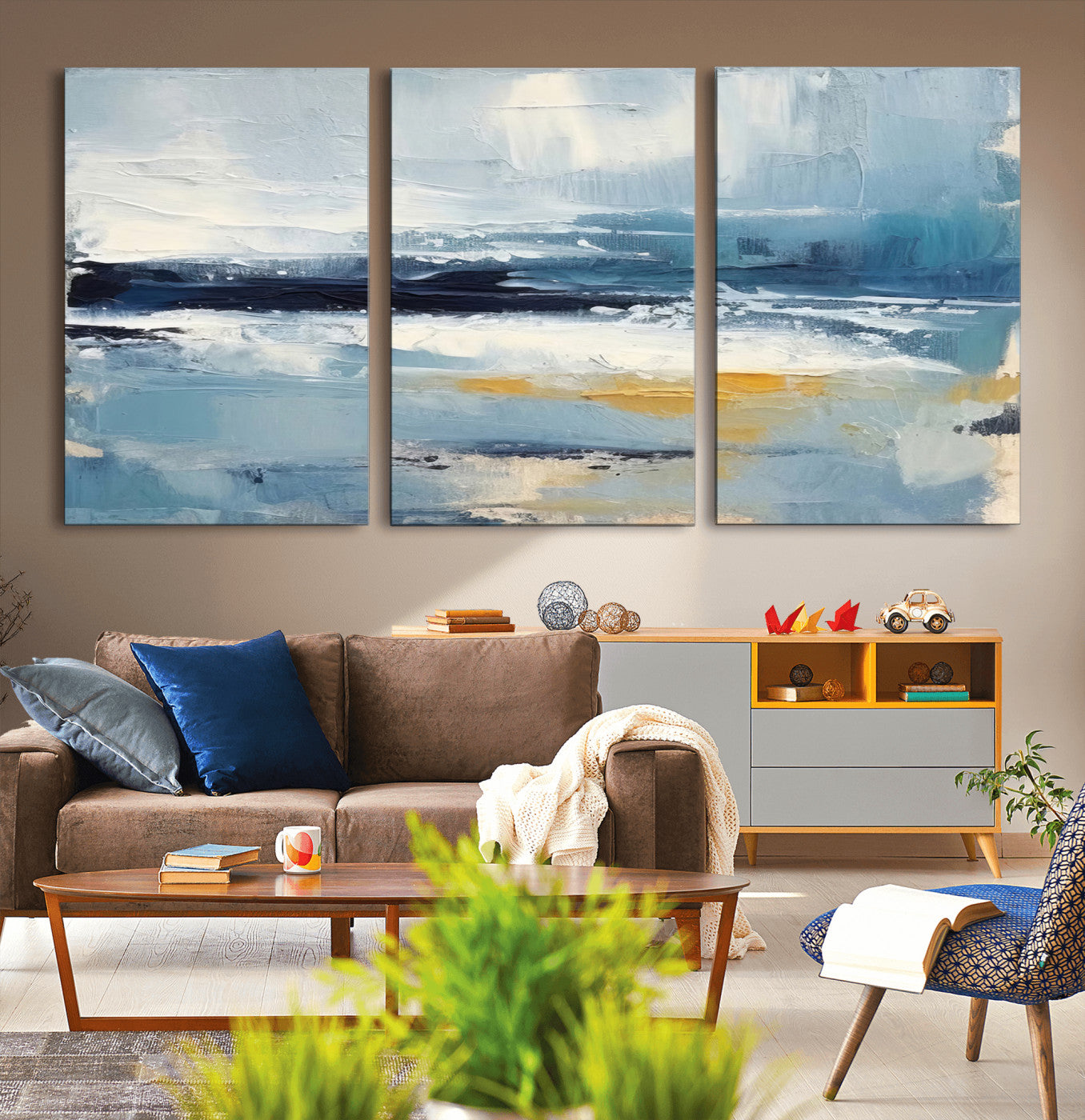 19746-MGV-CV-36X24-Abstract Ocean Wall Art – Modern Coastal Canvas Print with Blue, White and Gold Textures, Contemporary Seascape Painting for