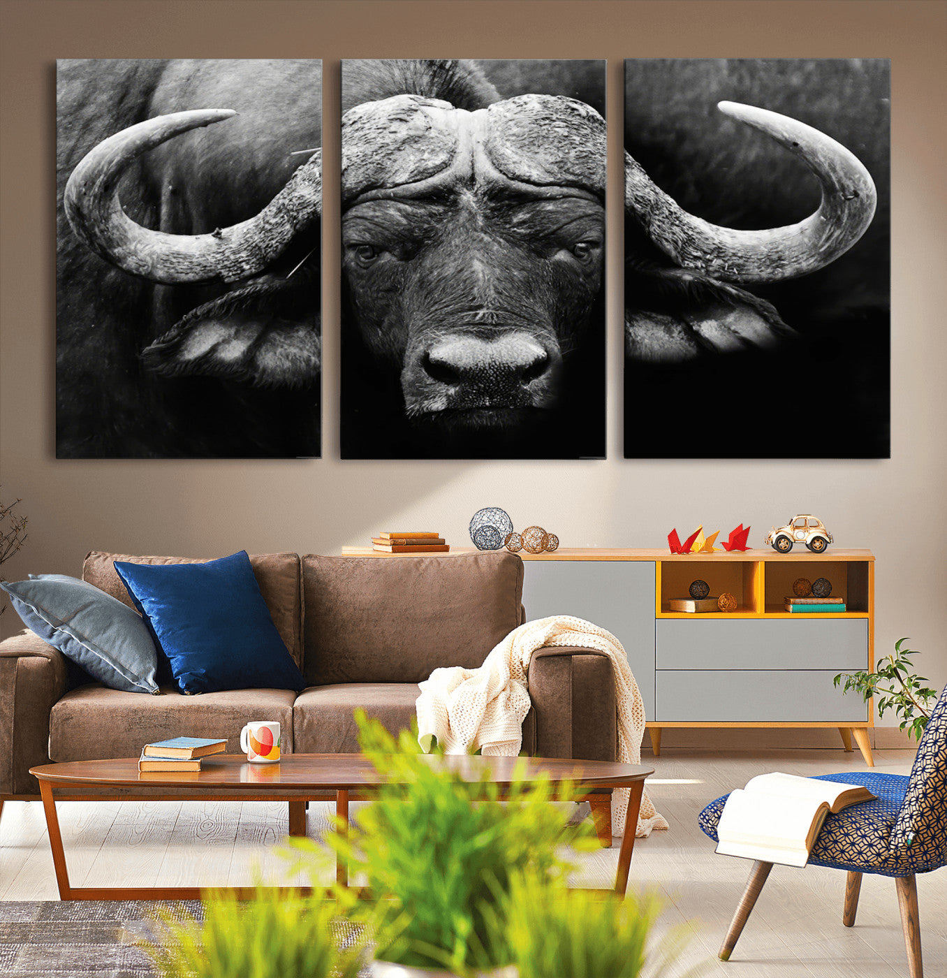 75273-MGV-CV-36X24-Buffalo Wall Art – Black and White African Buffalo Canvas Print, Rustic Wildlife Animal Artwork for Farmhouse, Living Room,