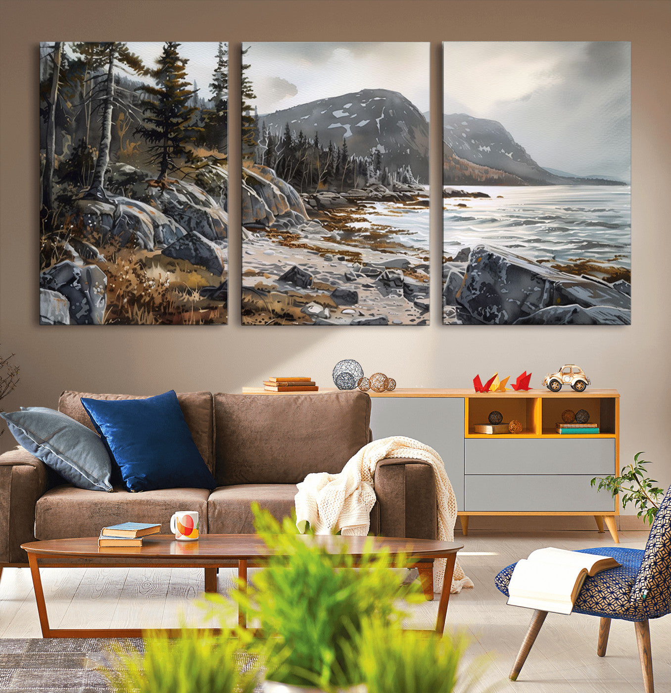 41281-MGV-CV-36X24-Rocky Shoreline Wall Art – Panoramic Mountain Coast and Forest Canvas Print, Rustic Nature Landscape Decor for Cabin, Lodge, or