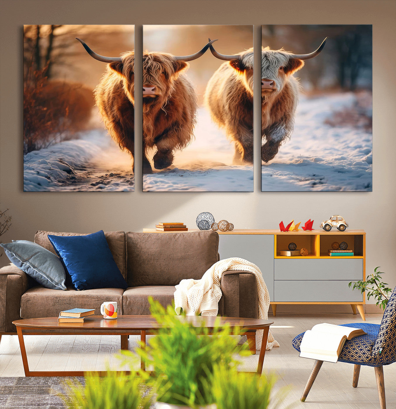 50490-MGV-CV-36X24-Highland Cow Wall Art – Rustic Panoramic Canvas Print Two Cattle Snowy Landscape, Farmhouse Country Decor for Living Room Office
