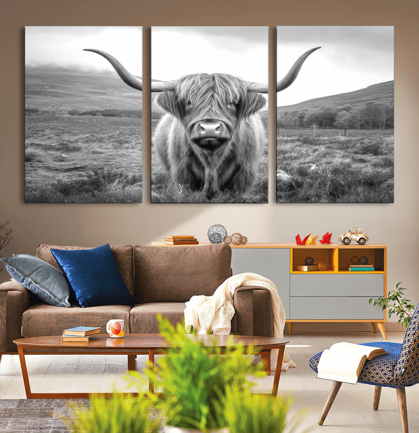 52903-MGV-CV-36X24-Highland Cow Wall Art – Black and White Canvas Print Rustic Cattle Portrait, Farmhouse Country Decor for Living Room, Office,