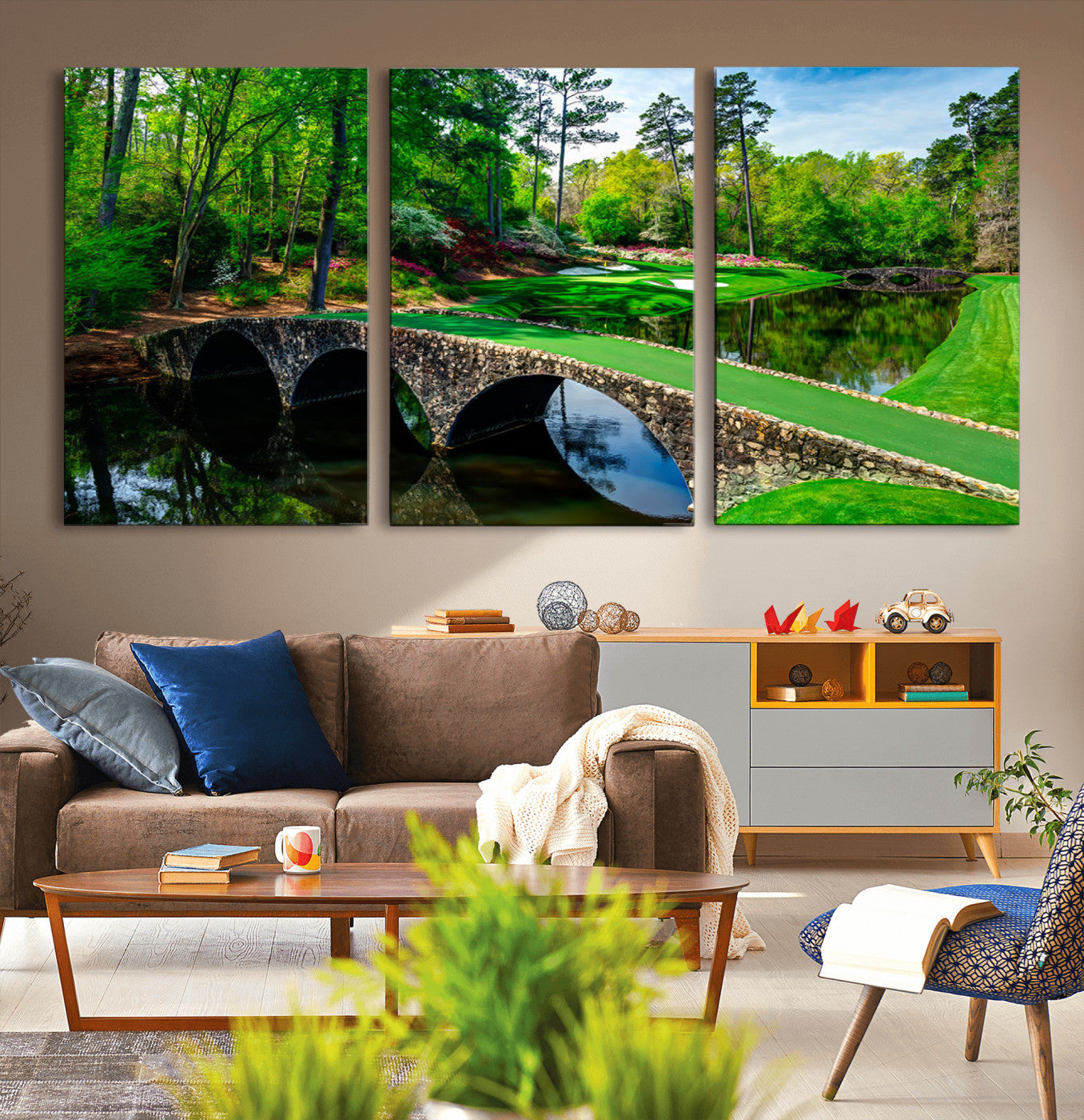 57655-MGV-CV-36X24-Golf Course Wall Art – Canvas Print Scenic Green Fairway Stone Bridge Water Reflection Landscape, Classic Sports Decor for Office,