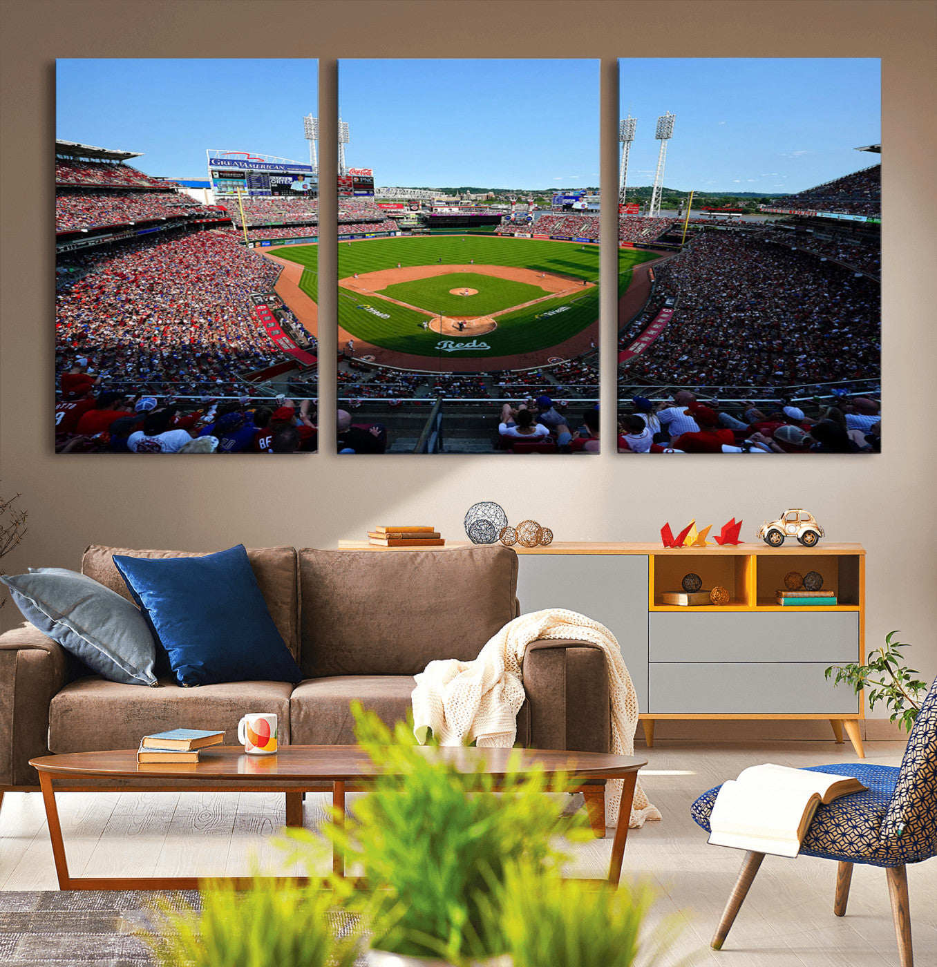 90998-MGV-CV-36X24-Baseball Stadium Wall Art – Canvas Print Day Game Field Packed Crowd Bright Blue Sky Sports Photography, Classic Decor for Game
