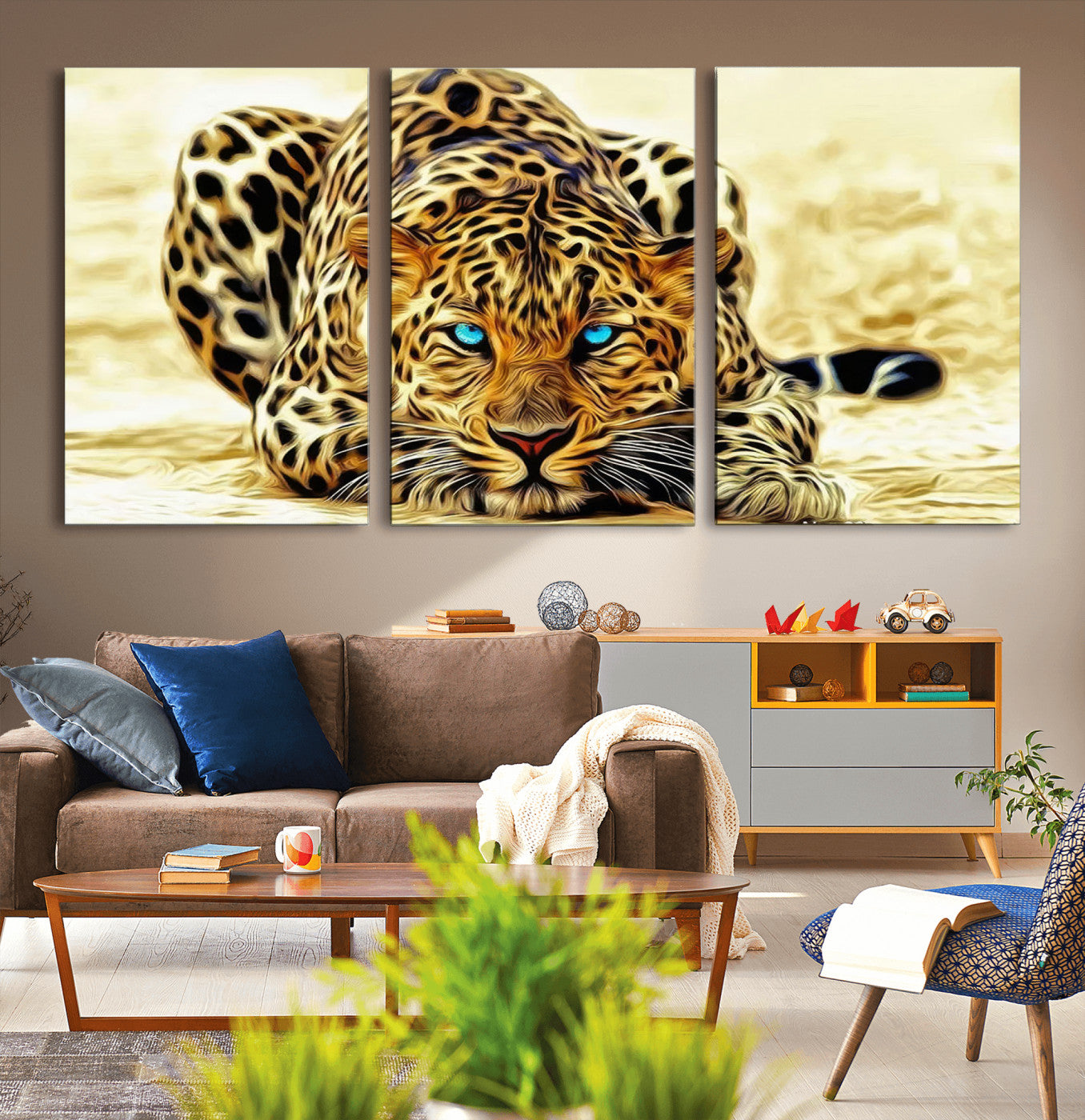 45281-MGV-CV-36X24-Blue Eye Leopard Wall Art Canvas Print, Framed Leopard Painting Art Picture Print, Big Cat Perfect Safari Wildlife Decor Artwork