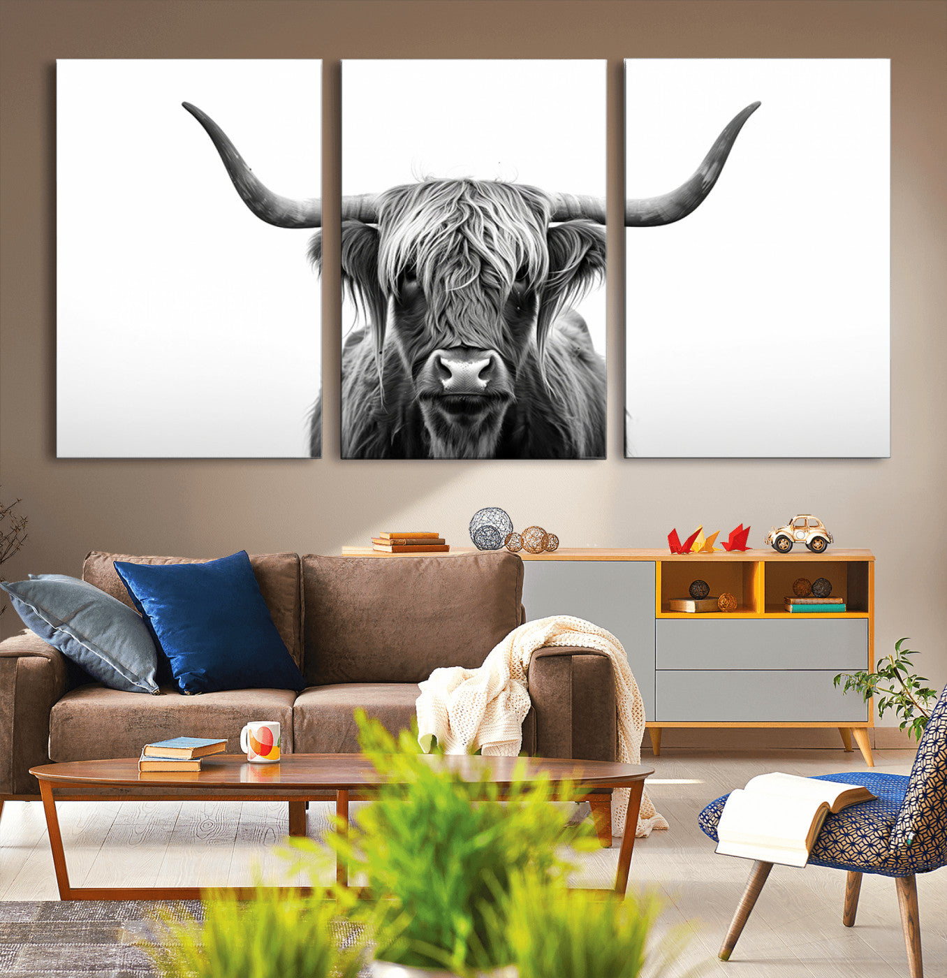 49556-MGV-CV-36X24-Highland Cow Wall Art – Black and White Scottish Highland Cattle Print, Rustic Farmhouse Minimalist Animal Portrait Canvas for