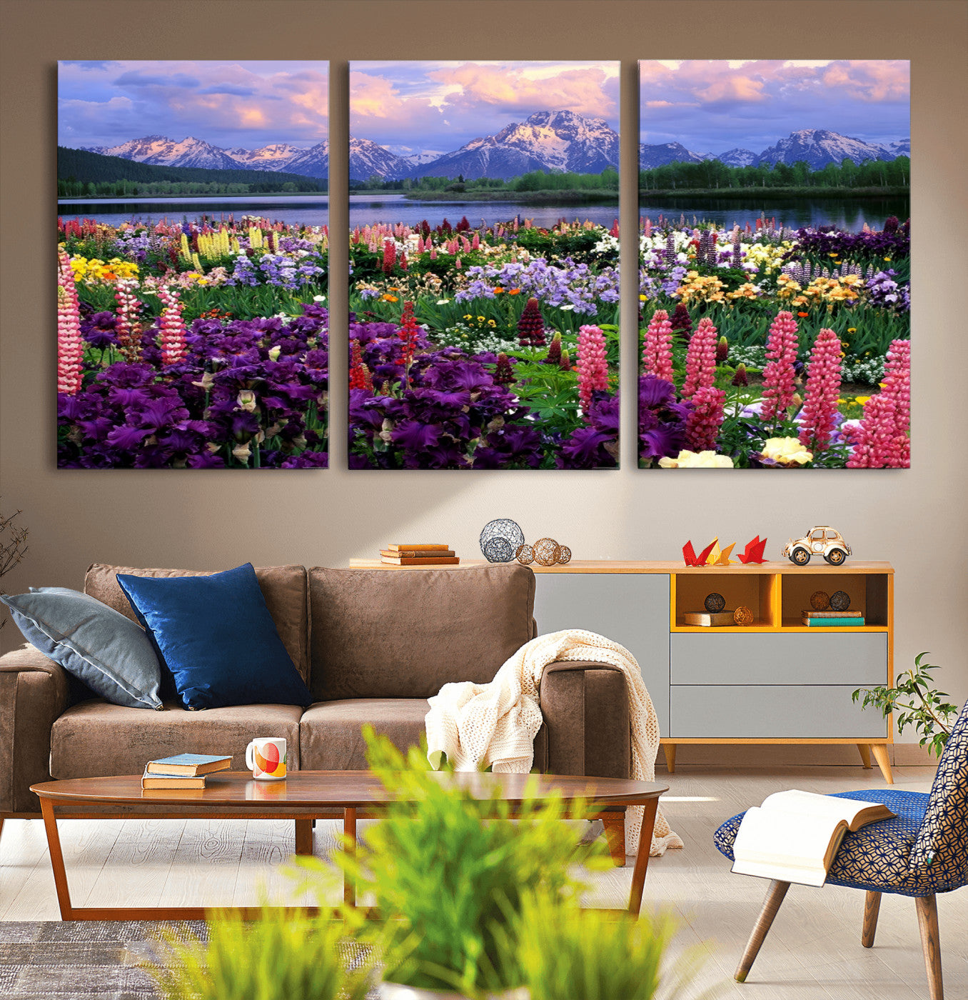 82270-MGV-CV-36X24-Colorful Wildflower Meadow Landscape Wall Art – Snow-Capped Mountain Lake Sunset Print, Vibrant Nature Artwork for Living Room,
