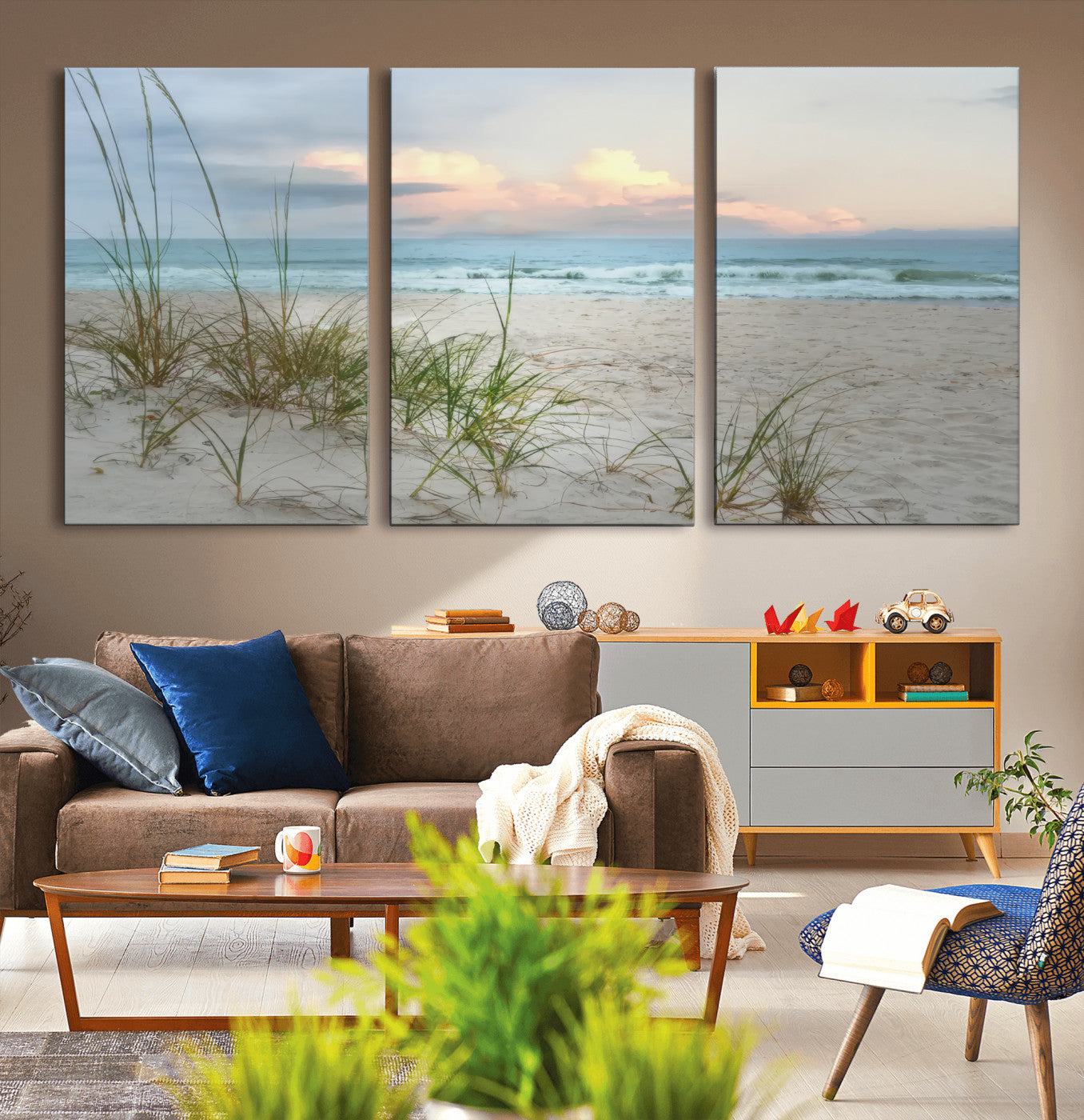 Test1001-MGV-CV-36X24-Coastal Beach Wall Art – Panoramic Ocean Waves and Sandy Dunes Canvas Print, Serene Seascape with Sea Oats for Relaxing Home or