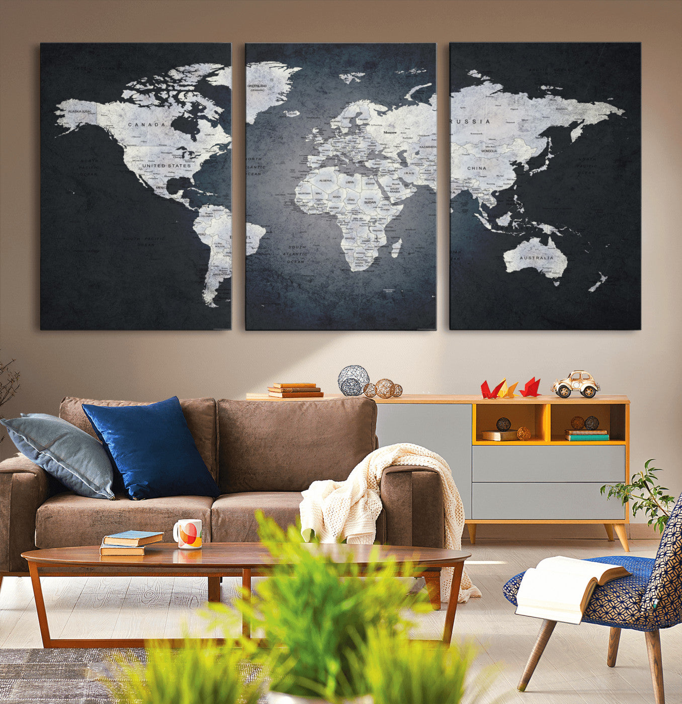 19124-MGV-CV-36X24-Modern World Map Wall Art – Black and White Canvas Print, Minimalist Global Map Decor for Office, Study, Bedroom or Living Room