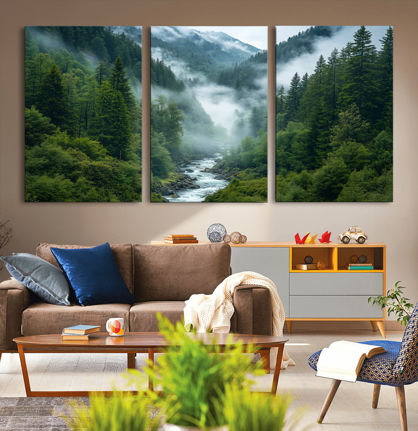 69453-MGV-CV-36X24-Mountain Forest Wall Art – Misty River and Evergreen Landscape Canvas Print, Nature Photography Poster for Living Room, Bedroom,