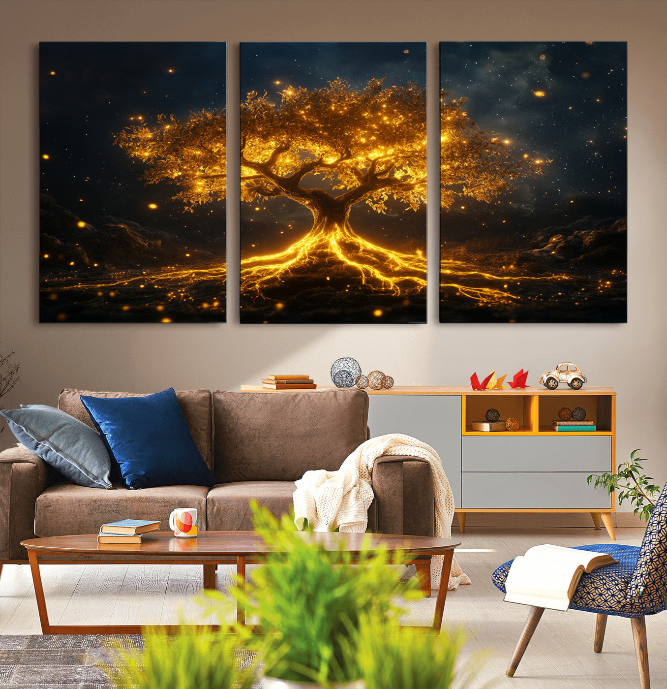 60194-MGV-CV-36X24-Glowing Tree Wall Art – Golden Roots Fantasy Canvas Print, Mystical Illuminated Tree Painting Poster for Living Room, Bedroom,