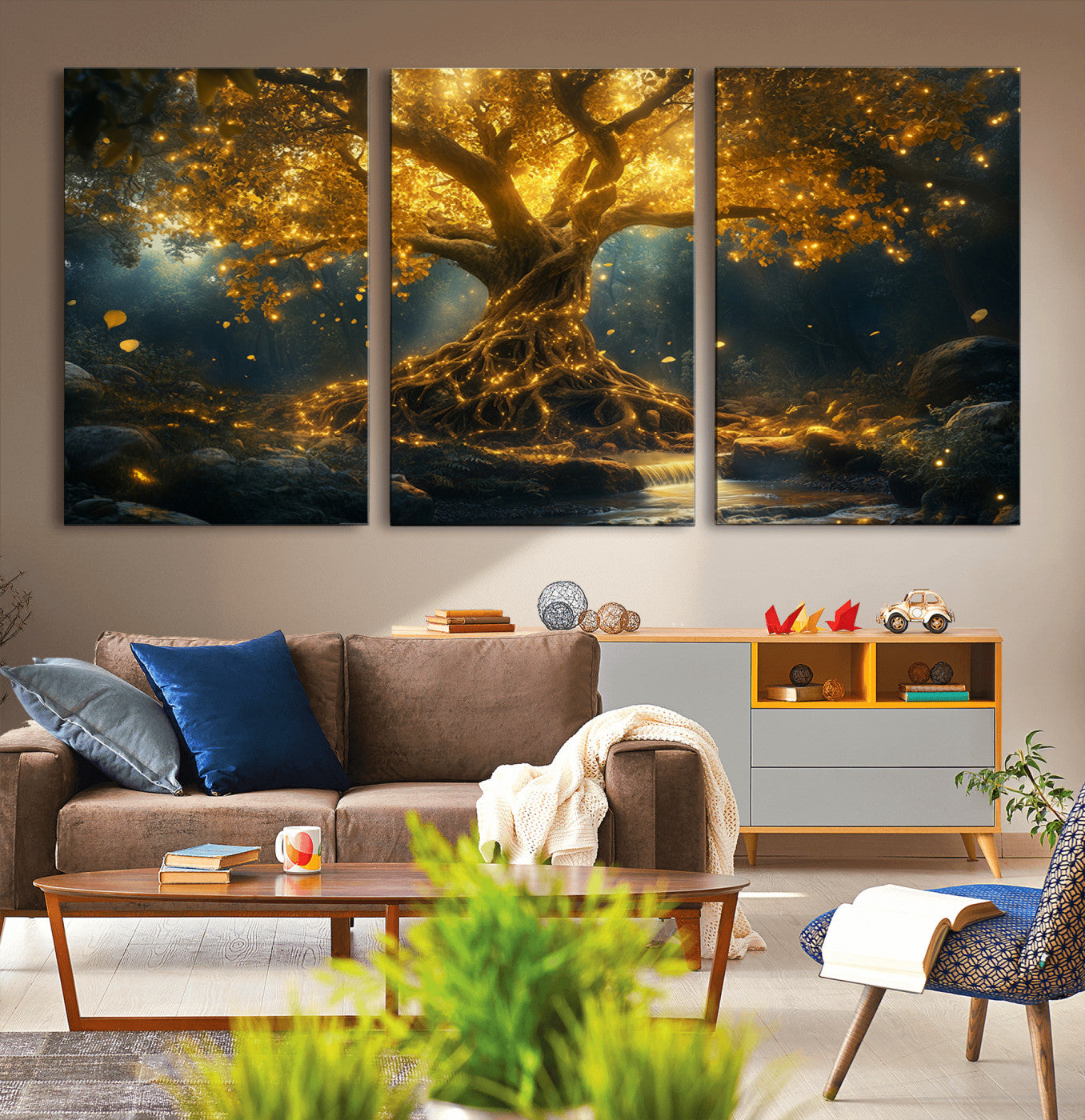 92739-MGV-CV-36X24-Glowing Tree Wall Art – Enchanted Golden Forest Canvas Print, Mystical Illuminated Nature Painting Poster for Living Room,
