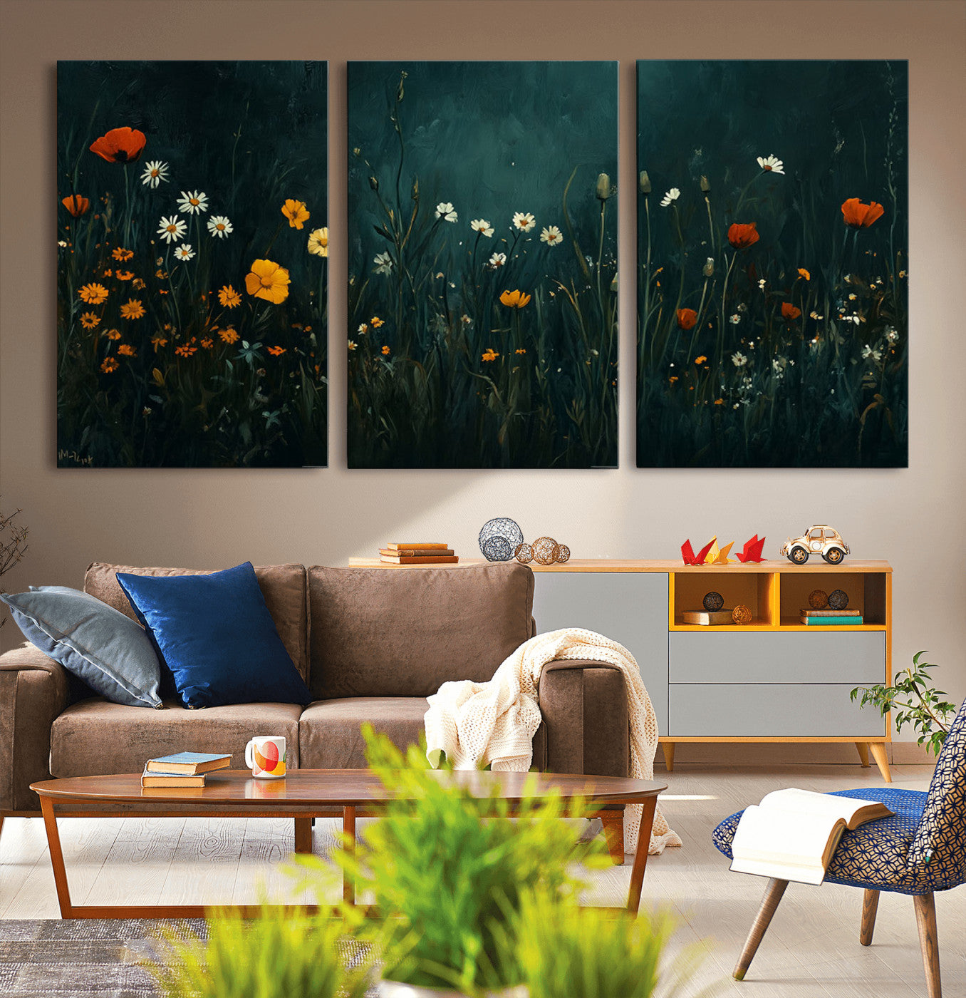 87037-MGV-CV-36X24-Wildflower Wall Art – Dark Botanical Floral Canvas Print, Modern Nature Painting Poster with Daisies Poppies Orange Flowers for