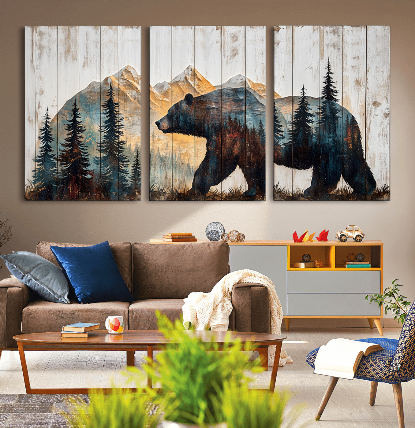 90077-MGV-CV-36X24-Wood Grizzly Bear Wall Art Canvas Print, Framed Abstract Bear Art Picture Print, Bear in Forest Perfect Rustic Lodge Decor Artwork