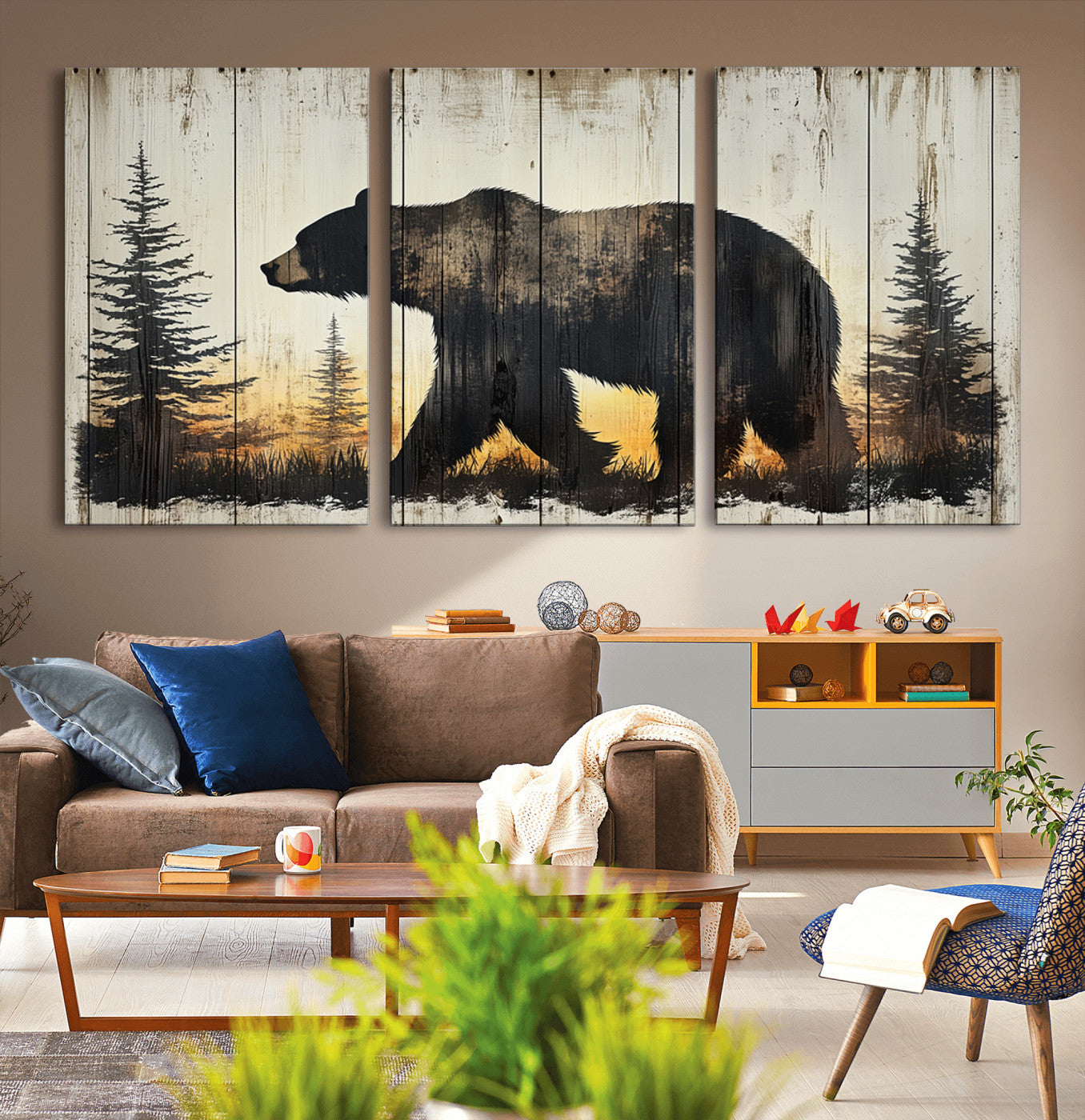 83875-MGV-CV-36X24-Sunset Bear Wall Art – Rustic Wildlife Canvas Print with Forest Silhouette, Cabin Lodge Decor for Living Room or Office