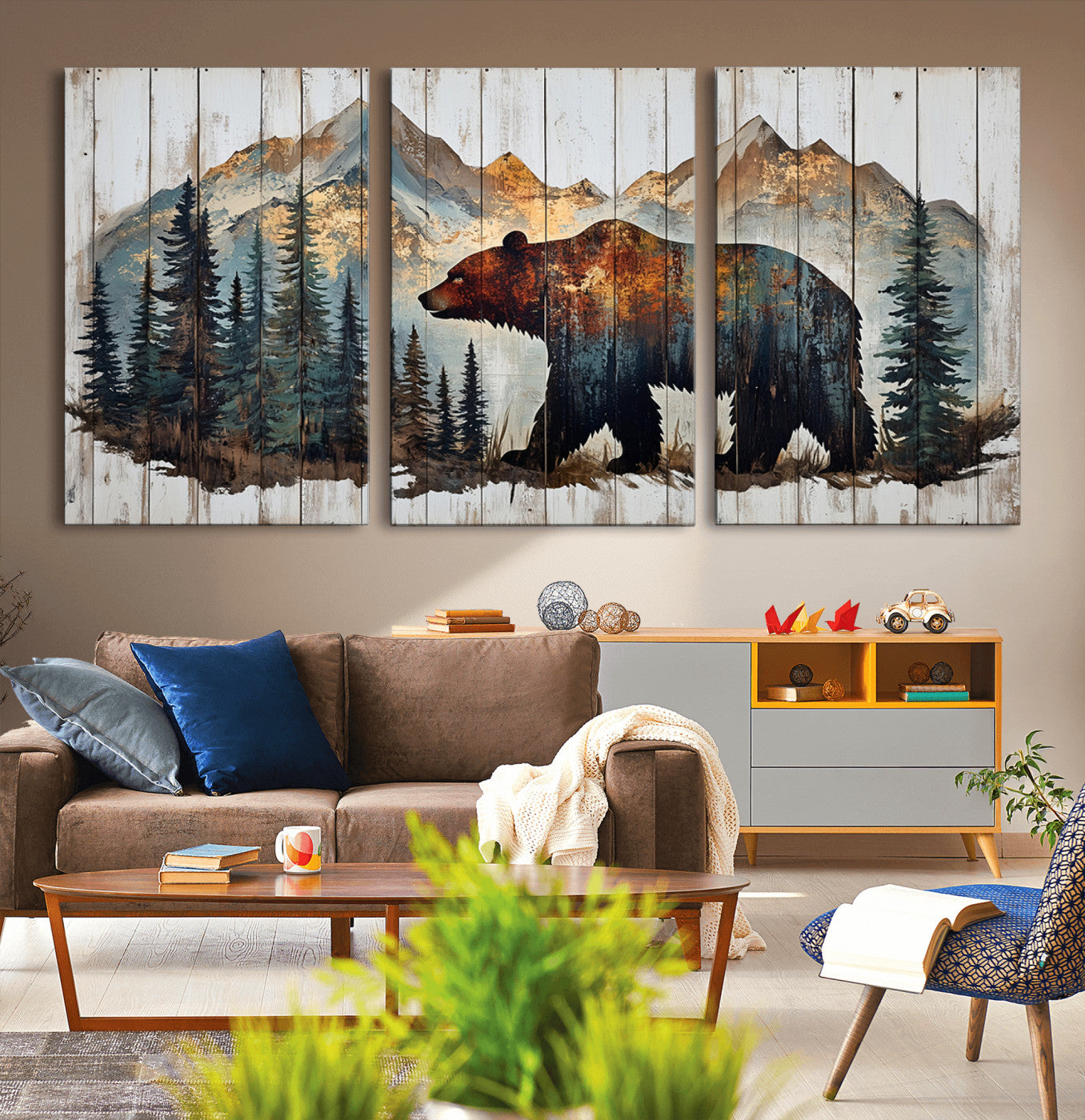 55777-MGV-CV-36X24-Rustic Bear Wall Art Canvas Print, Framed Mountain and Forest Art Picture Print, Wooden Bear Perfect Rustic Lodge Decor Artwork