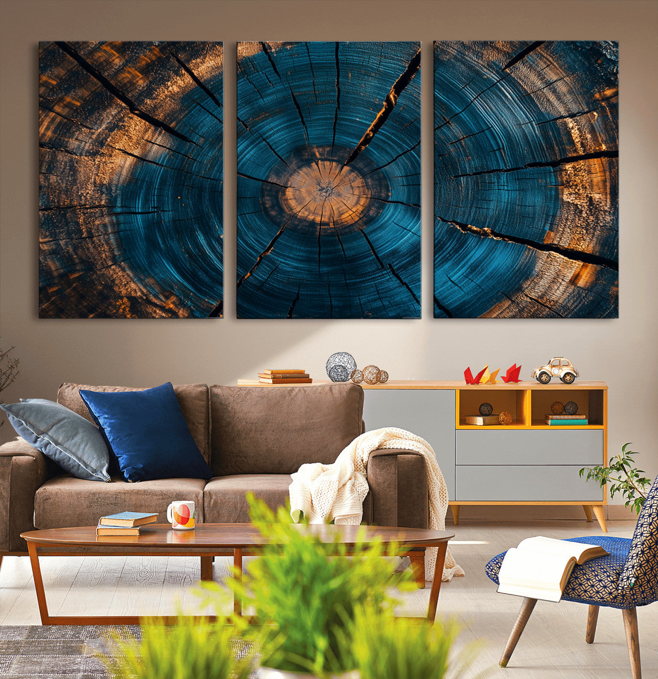 13398-MGV-CV-36X24-Tree Ring Wall Art – Abstract Wood Grain Canvas Print with Blue and Orange Accents, Rustic Nature Inspired Artwork for Living