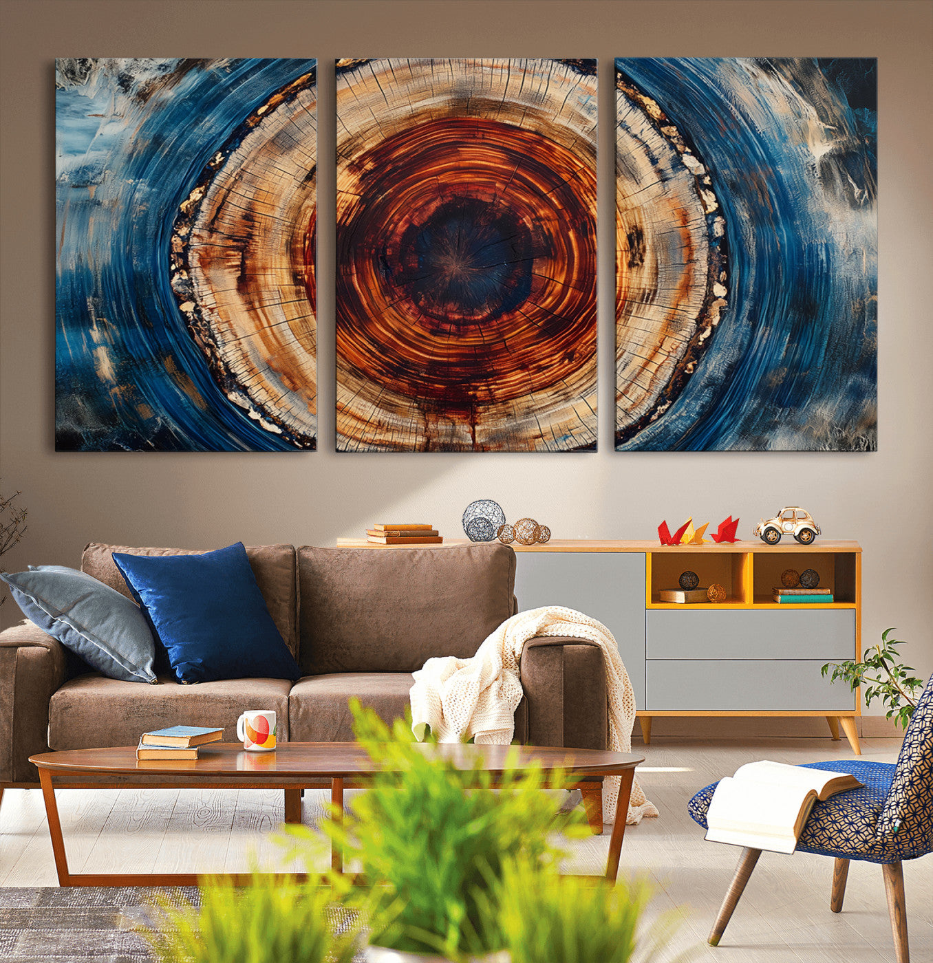 90395-MGV-CV-36X24-Tree Ring Wall Art – Abstract Wood Grain Canvas Print with Fiery Red and Blue Tones, Bold Rustic Nature Inspired Artwork Decor for