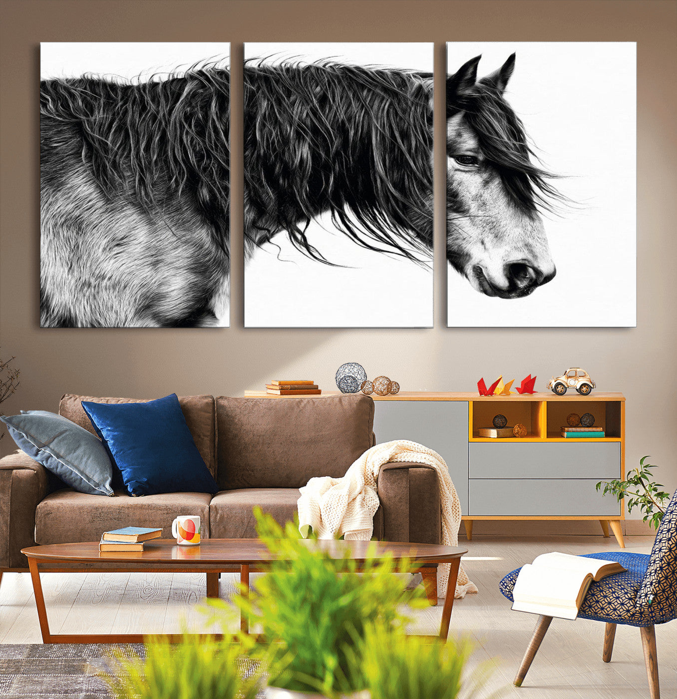 57694-MGV-CV-36X24-Horse Portrait Wall Art – Black and White Canvas Print with Detailed Stallion Profile, Rustic Farmhouse Equestrian Artwork for
