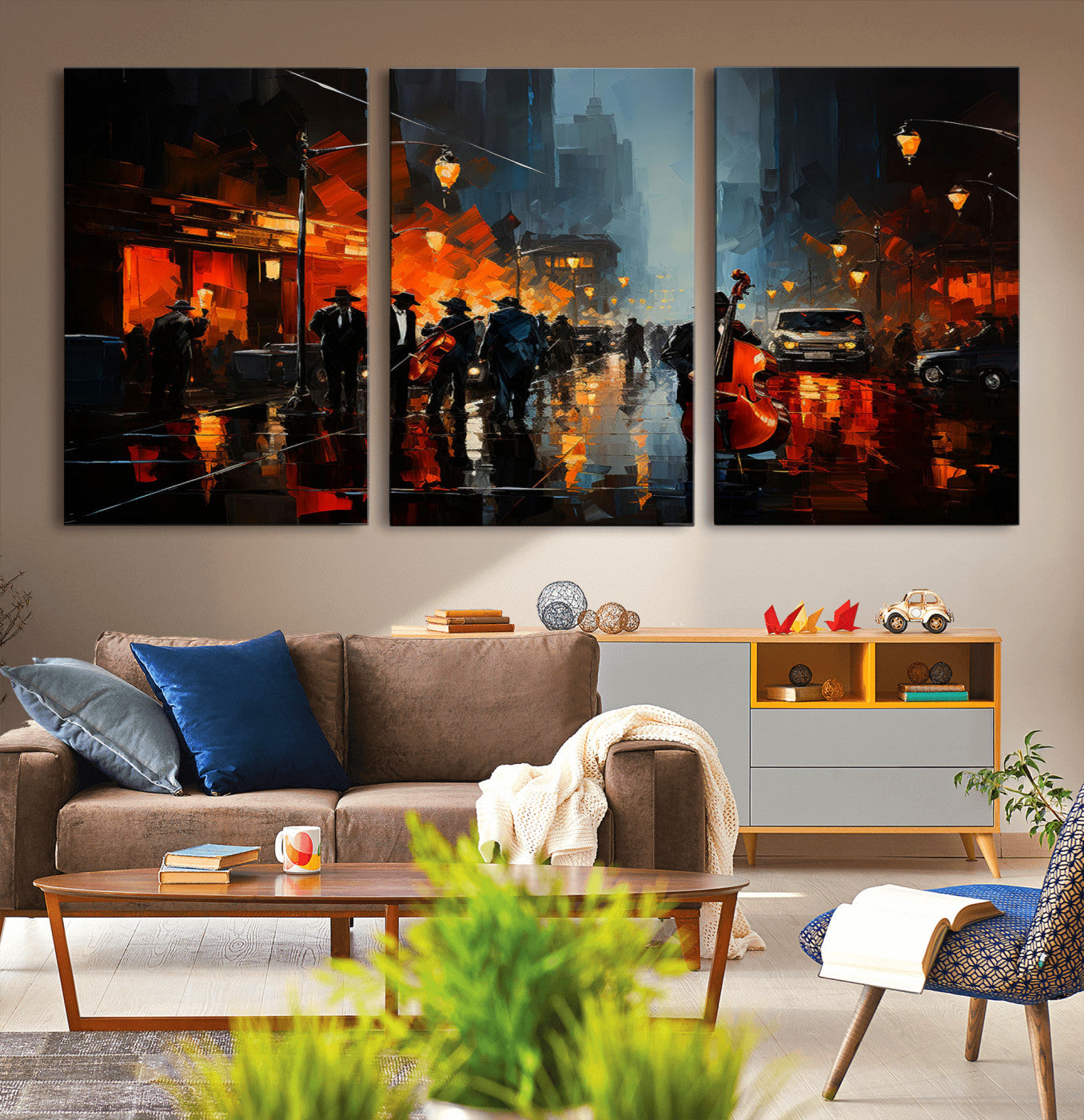 32816-MGV-CV-36X24-City Jazz Night Wall Art – Modern Abstract Urban Street Scene Canvas Print, Moody Music-Themed Decor for Living Room, Office, or